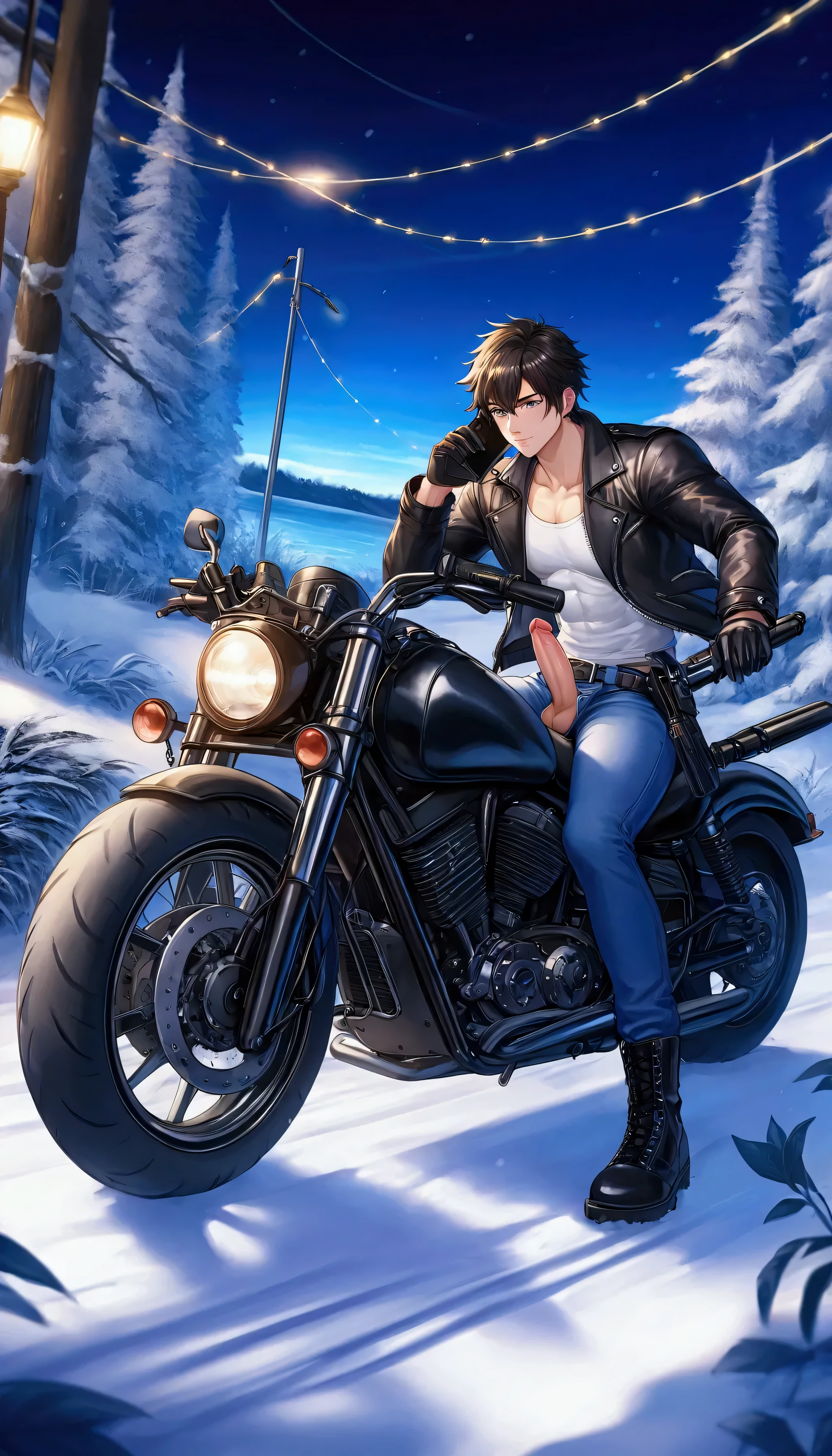 Create an image of a young man with black hair and a muscular build, wearing a white crew-neck T-shirt layered under a black leather jacket. He is dressed in blue jeans with a black leather belt, black motorcycle gloves, black combat boots, and a black thigh holster for a handgun. The man is riding a black motorcycle on a grassy field beside a stream in a forest And the zipper of his pants was pulled down, revealing his erect penis. One of his hands is holding a black phone against his ear, while the other hand is gripping the throttle of the black motorcycle. The image should be created in a detailed, colorful anime-style illustration, with the scene set during winter with snow.