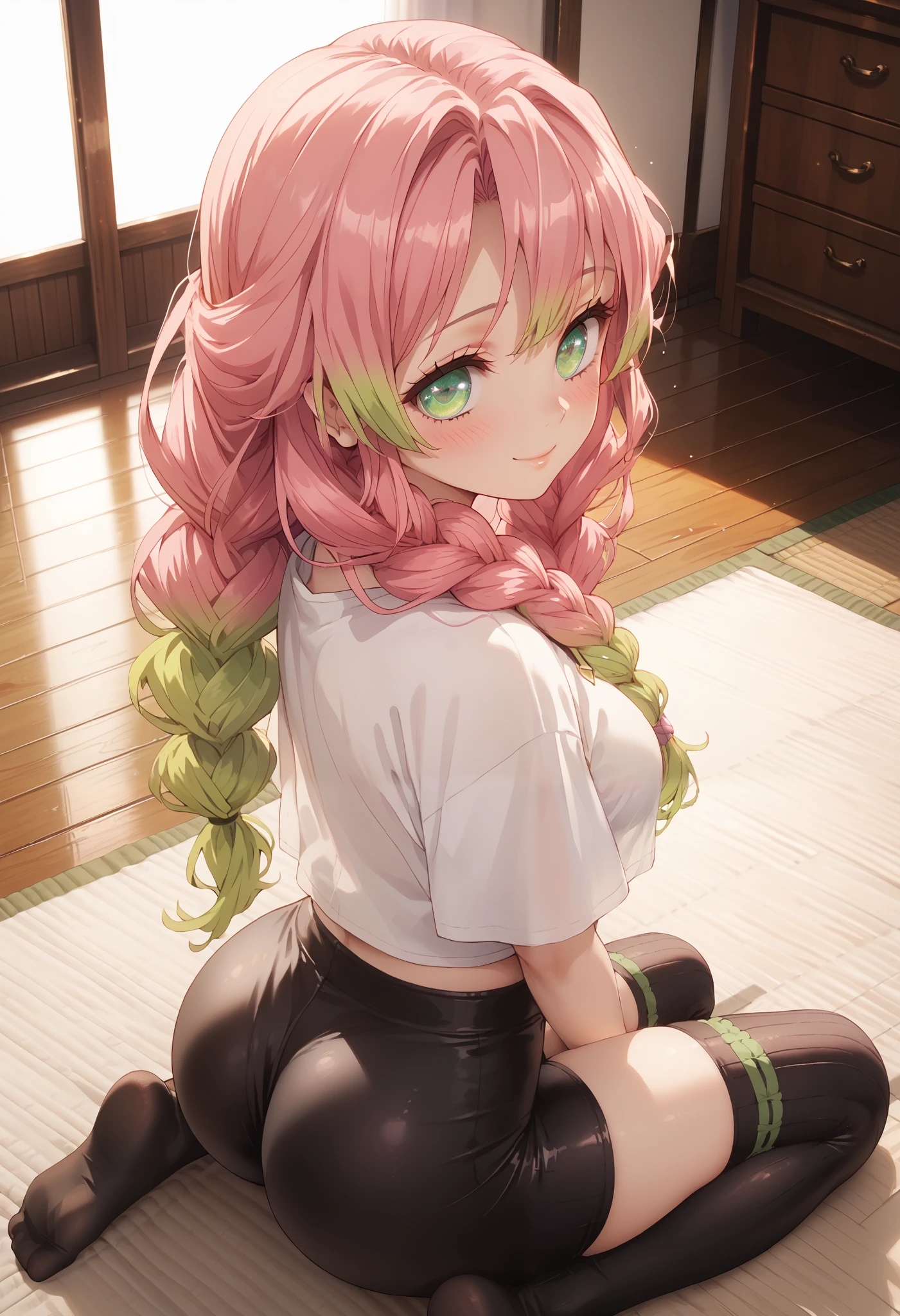 1girl, mitsuri kanroji, solo, dutch angle, from behind, from above, pink hair, (gradient hair: 1.2), braided hair, pale green eyes, (beautiful detailed eyes: 1.4), medium breasts, white top, tight spandex shorts, thigh-high socks, thicc thighs, perfect ass, focus on ass, shy smile, blush, kneeling on a mat, indoors, wallpaper, masterpiece, high quality, highly detailed