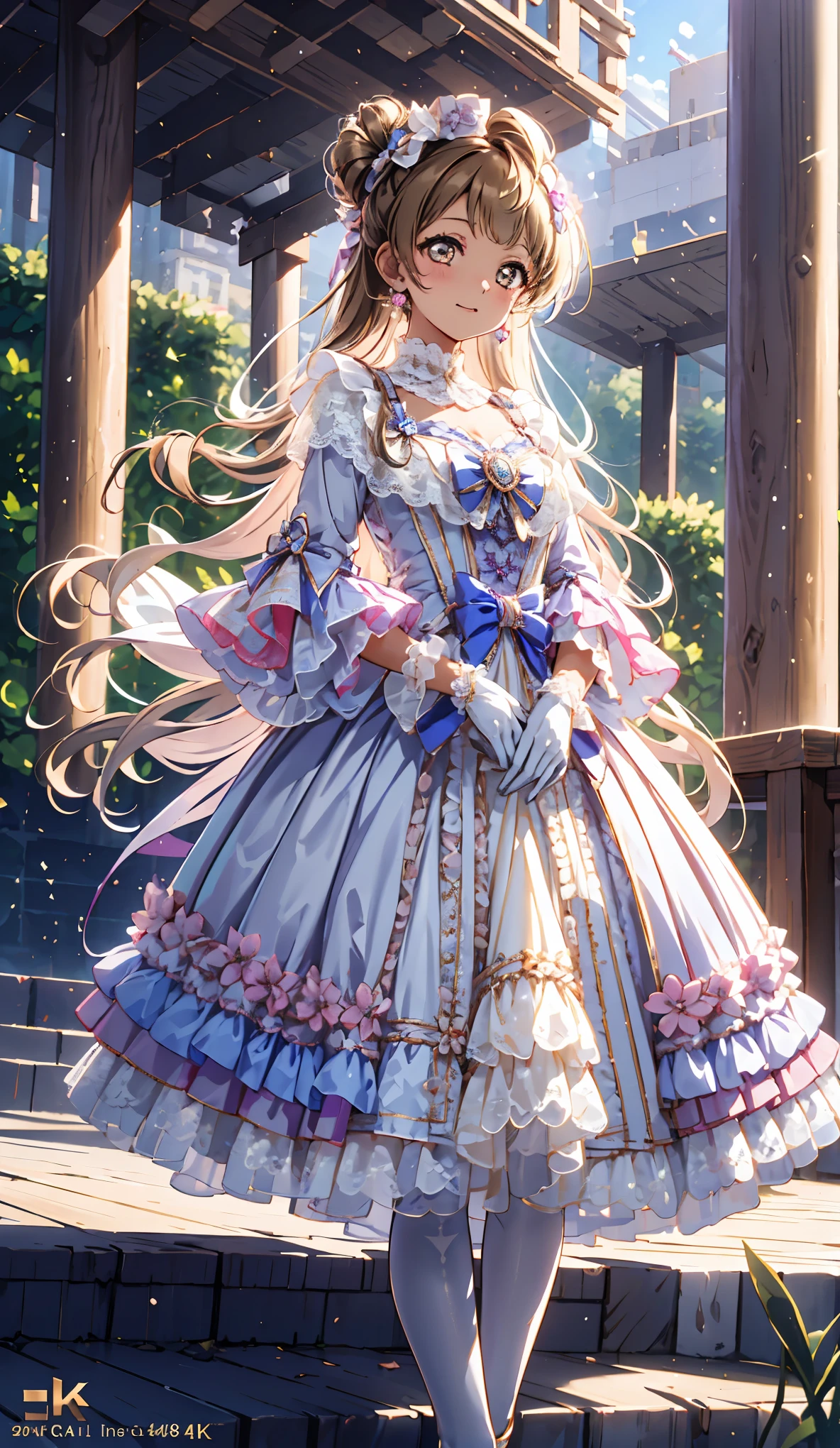 ( Best Quality ,4K,8K, high resolution , masterpiece:1.2), Very detailed, charm , (Her golden eyes , has brown hair ),enchanting,joy, Holy Goddess , Transparent clothing,Lilac Outfit , Amazing Visual Effects ,宴会礼服, Royal Family, Delicate Decor, Exquisite Features , Exquisite clothing, layered skirt ,Small gloves,Delicate lace, Delicate ruffles , psychedelic background , unique ,At night, Carved Hollow Lace Pantyhose ,神圣条纹, Clear clothes , Jewelry Decoration , Amazing Costumes and Vibes