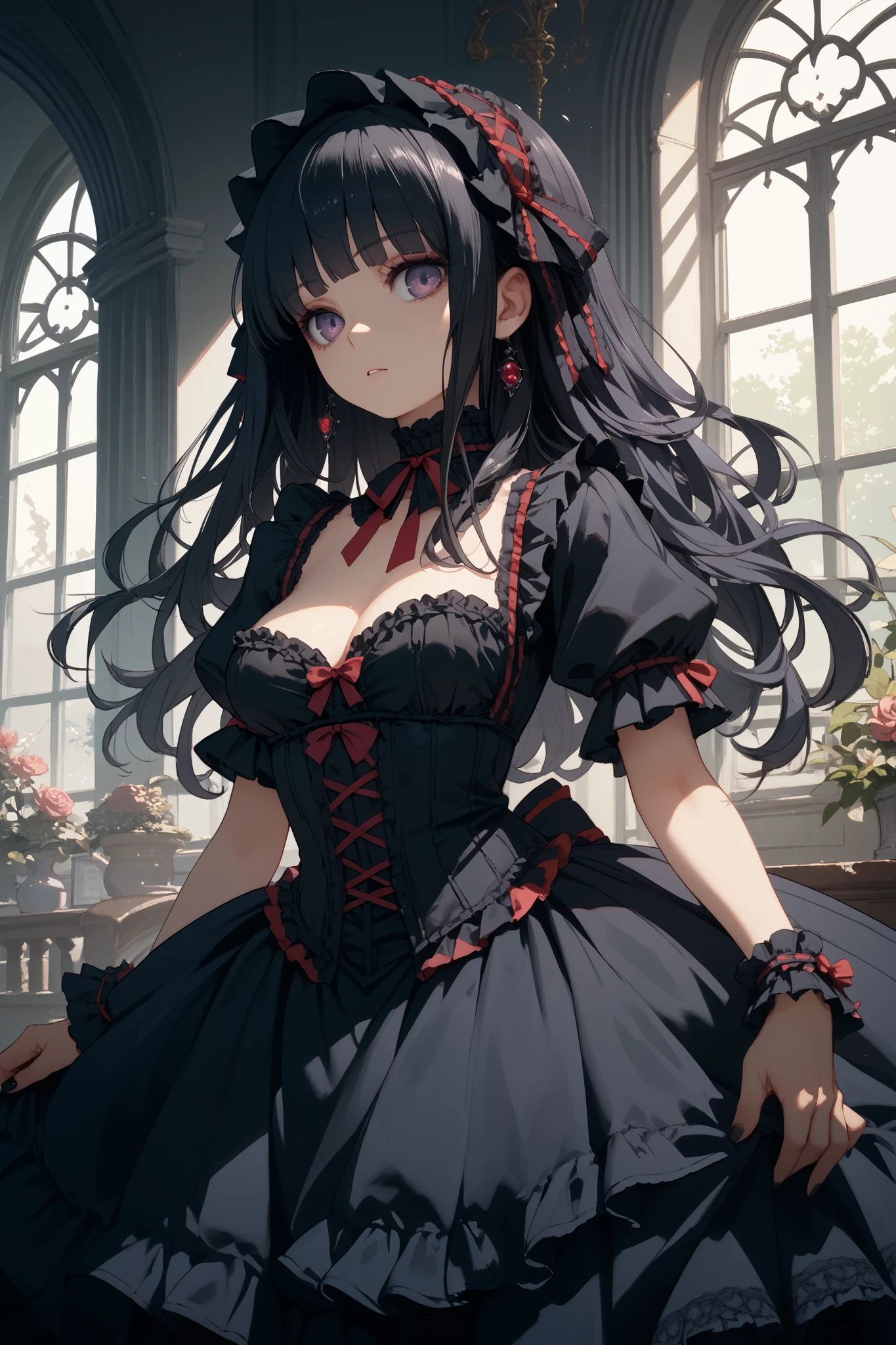 Anime girl in a black dress with a red rose on her head - SeaArt AI
