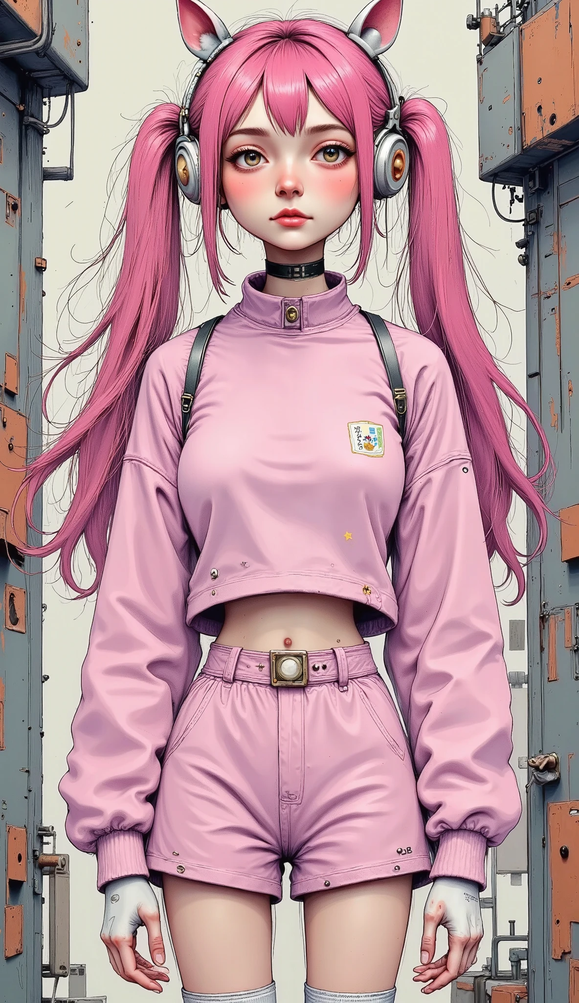 Manga style:1.4, A woman wearing an Alicia  ,  wears a tight pink bodysuit and a short pink jacket with long sleeves and two-tone gloves..,  cosplay costume and white socks and white cosplay shoes  , She has long hair with two pink pigtails with headphones shaped like animal ears
