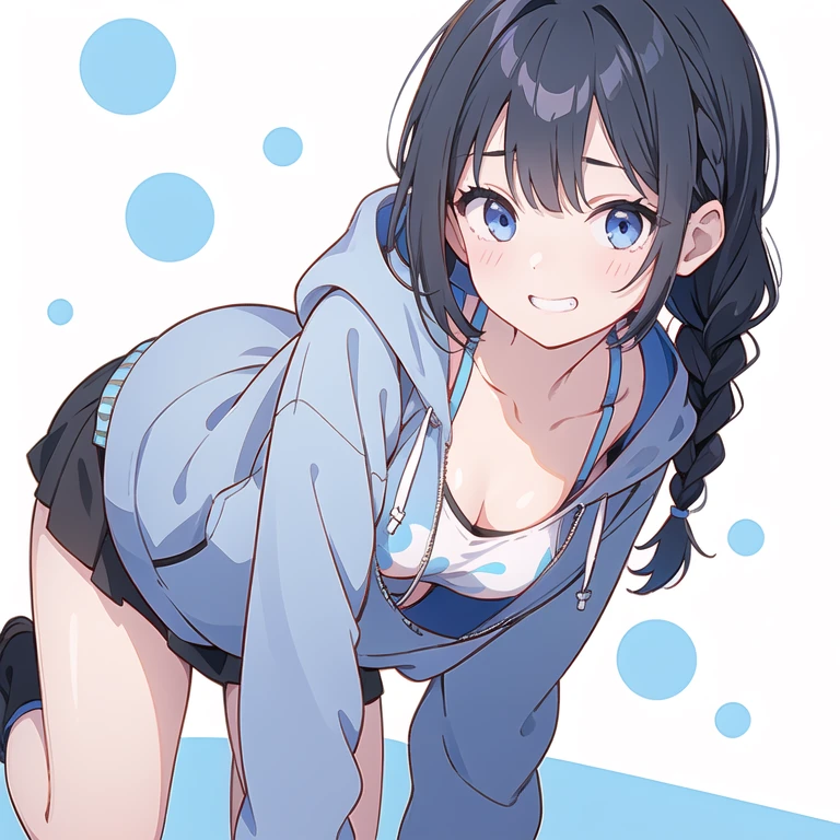 (masterpiece:, best quality), 1girl, loli, petite, flat chest, white panties, (blue hoodie), hood on, running, jogging, the park, smile, low angle view, Volumetric Lighting, Best Shadows, bright, vibrant colors, watercolor