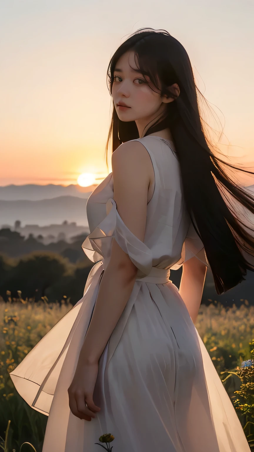 (((best quality))),(((ultra detailed))),(((masterpiece))),illustration,((1 beautiful girl,solo)),((slim,thin)),(shoulder length straight bob hair:1.2),flowing hair,fair skin,(shiny skin:1.3),detailed eyes,laughing,(shirt-dress:1.3),delicate necklace,grass,dewdropletts,trees,bird chirping,serenity,gratitude,awe,wonders of nature,peace,contentment,magnificent world,summer,(pitch-dark dawn:1.5),(night scene:1.3),((upper body,from back)),after rain,(wet:1.3),standing,on the path,At the mountaintop,confident gaze,elegant posture,mysterious atmosphere,solemn mood,dawn approaching,detailed decorations,(sunrise:1.3),(cloudy sky:1.2),rainbow,(Rural Landscape:1.2),horizon,bare back,towering hips,butt crack