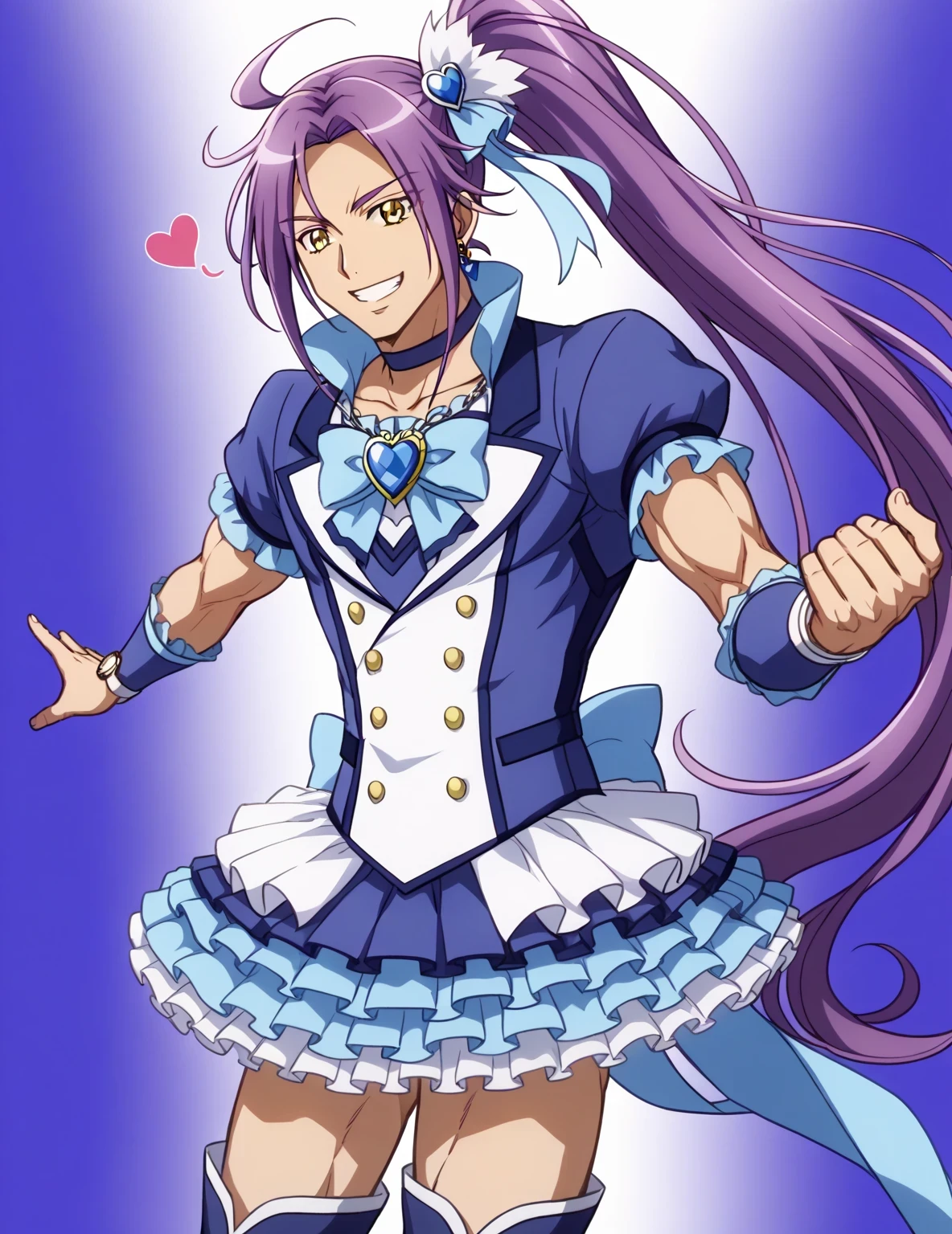 score 9 、score 8 up、score 7 up、source anime、masterpiece、最 High Quality 、 high resolution、 watch viewers、 is written in depth、 standing、 cowboy shot、1boy 、Alone、 detailed background 、(male:1.65)、male focus、(male body:1.65)、cure beat、Purple Hair、side ponytail hair、high ponytai lhair、 very long hair that gives off a bow、 split bangs 、stupid hair、 yellow eyes、eyelash、 shiny hair、  hairpin、 hair ribbon、 earrings、 Blue Dress、frilled dress、puffy short sleeves、frilled sleeves、 BLUE SKIRT、frilled skirt、layered skirt、 mini skirt、petticoat、blue skirt bow、wrist cuffs、arm warmers、purple neckwear、 purple choker、heart brooch、blue legwear、blue thighhighs、blue footwear、knee boots、 high heels、biceps、triceps、1boy 、Alone、beefcake style、 look at the viewers、smile、beefcake pose、Alone、 contrapost、smile、 look at the viewers、(cowboy shot:1.5)、 closed、Purple Background、 High Quality 、 blue background、Gradient background、 look at the viewers、shy、smile、最 High Quality 、anime coloring、