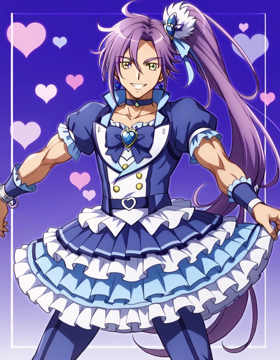 score 9 、score 8 up、score 7 up、source anime、masterpiece、最 High Quality 、 high resolution、 watch viewers、 is written in depth、 standing、 cowboy shot、1boy 、Alone、 detailed background 、(male:1.65)、male focus、(male body:1.65)、cure beat、Purple Hair、side ponytail hair、high ponytai lhair、 very long hair that gives off a bow、 split bangs 、stupid hair、 yellow eyes、eyelash、 shiny hair、  hairpin、 hair ribbon、 earrings、 Blue Dress、frilled dress、puffy short sleeves、frilled sleeves、 BLUE SKIRT、frilled skirt、layered skirt、 mini skirt、petticoat、blue skirt bow、wrist cuffs、arm warmers、purple neckwear、 purple choker、heart brooch、blue legwear、blue thighhighs、blue footwear、knee boots、 high heels、biceps、triceps、1boy 、Alone、beefcake style、 look at the viewers、smile、beefcake pose、Alone、 contrapost、smile、 look at the viewers、(cowboy shot:1.5)、 closed、Purple Background、 High Quality 、 blue background、Gradient background、 look at the viewers、shy、smile、最 High Quality 、anime coloring、