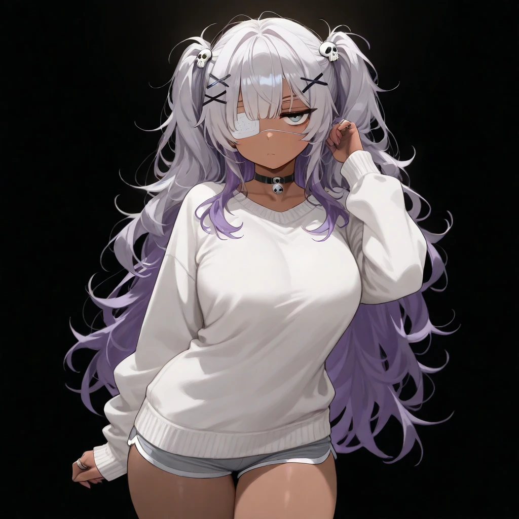 1girll,Heart-shaped pupils,finger nails,hand on own face,White hair,Purple eyes,(Blush:1.1),choker necklace,Machine whole body,long leges,Trembling,Sweat,drops of sweat,Heart,(speed-line:1.1),Medium breasts, ((rough breath:1.3)), Love, Heart, Crop top, cheerfulness, Smile
