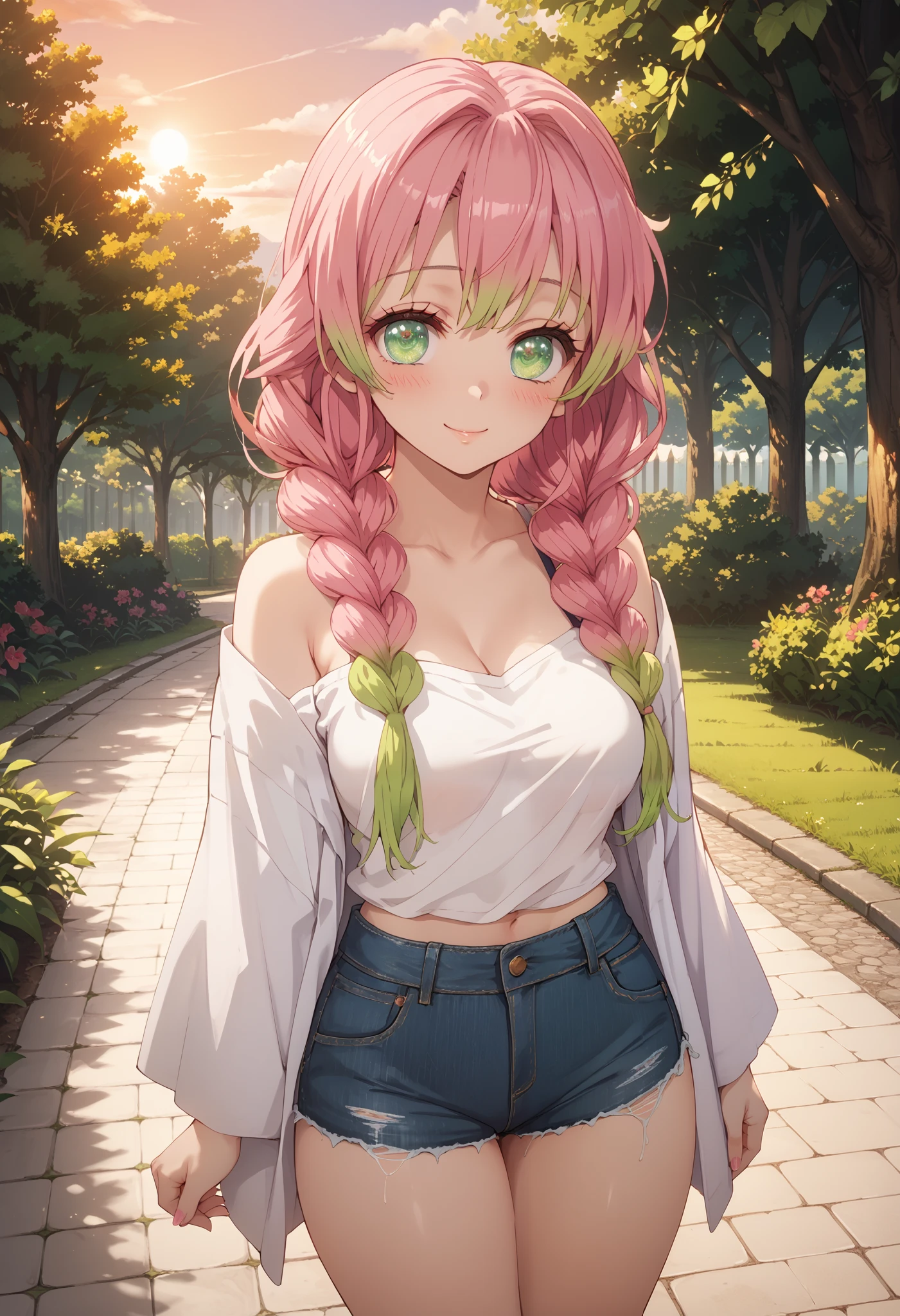 1girl, mitsuri kanroji, solo, dutch angle, pink hair, (gradient hair: 1.2), braided hair, pale green eyes, (beautiful detailed eyes: 1.4), medium breasts, white top, bare shoulder, denim shorts, thicc thighs, shy smile, blush, seductive pose, outdoors, park, beautiful sunset, wallpaper, masterpiece, high quality, highly detailed