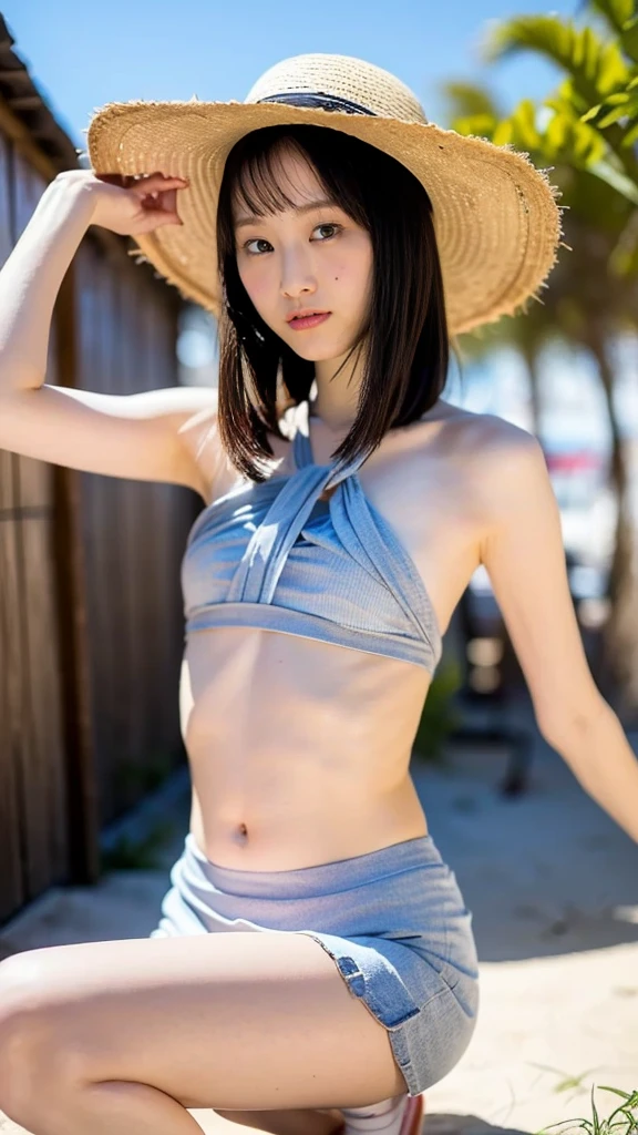highest quality, masterpiece, 1 girl, (alone:1.1), ray tracing, Super detailed,detailed face, 8k wallpaper, small breasts, (wide hips:0.8), smile, MilimNavaNDV, black hair, very long hair, twin tails, black panties, hair between eyes, Ahoge, blue eyes, looking at the viewer, asymmetrical legwear, Thighhighs, clavicle, single thigh high, striped, teeth, abdomen,  outdoor、((perfect body))