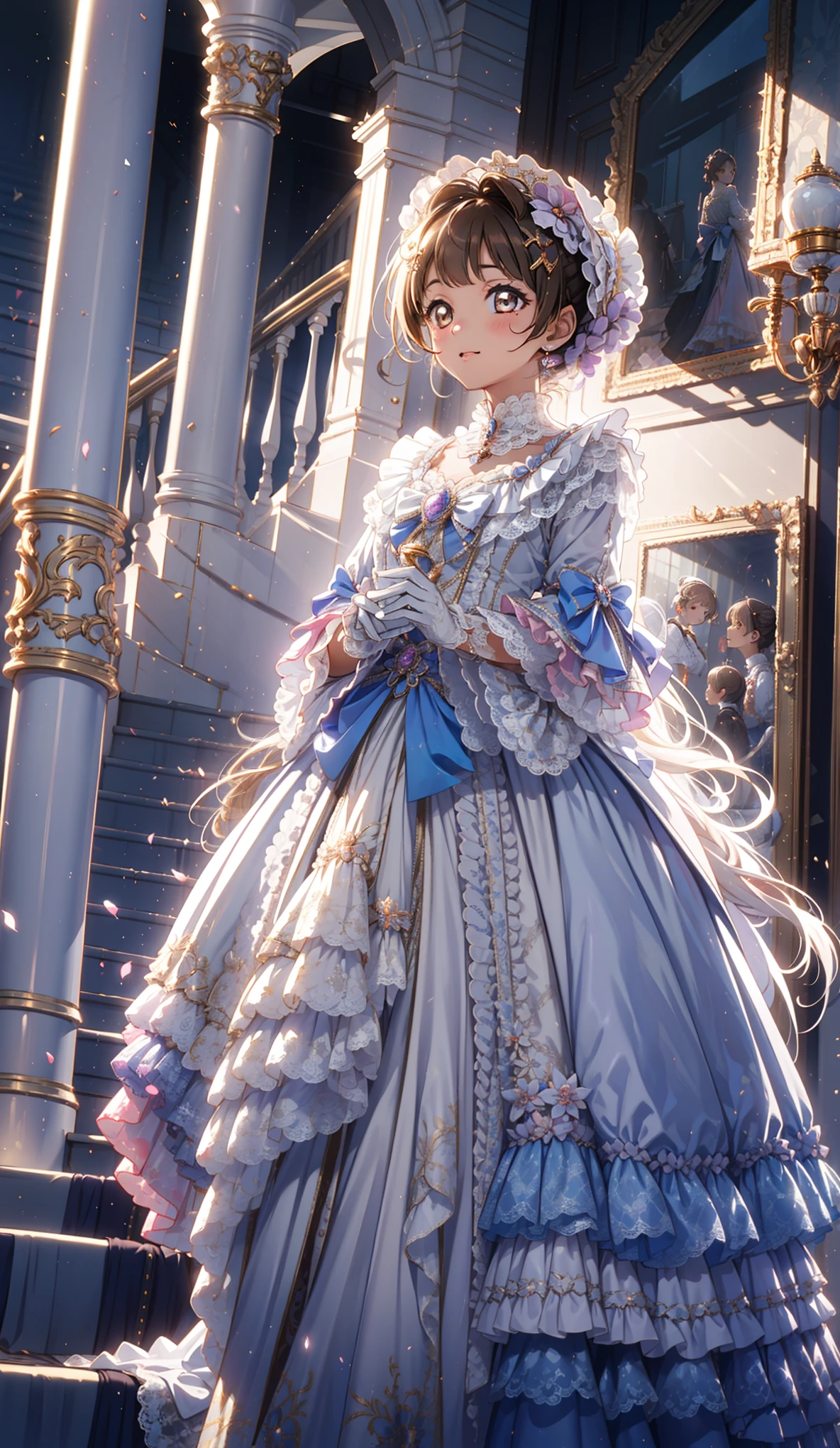 ( Best Quality ,4K,8K, high resolution , masterpiece:1.2), Very detailed, charm , (Her golden eyes , has brown hair ),enchanting,joy, Holy Goddess , Transparent clothing,Lilac Outfit , Amazing Visual Effects ,宴会礼服, Royal Family, Delicate Decor, Exquisite Features , Exquisite clothing, layered skirt ,Small gloves,Delicate lace, Delicate ruffles , psychedelic background , unique ,At night, Carved Hollow Lace Pantyhose ,神圣条纹, Clear clothes , Jewelry Decoration , Amazing Costumes and Vibes