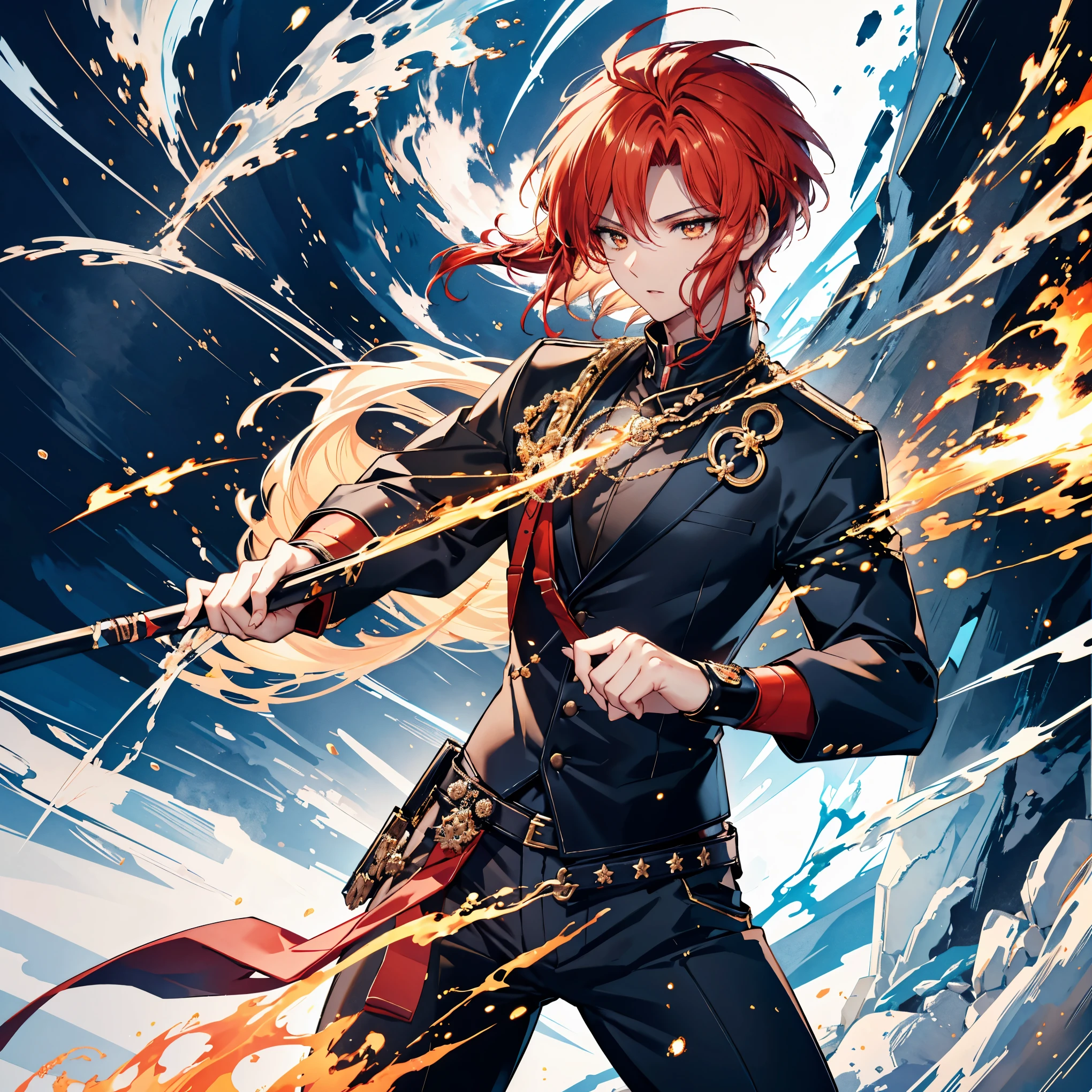 masterpiece, best quality, delicate hair, delicate eyes, ultra-detailed, ((male, handsome male, sharp golden eyes, androgynous face, bright red hair)), golden eyes, mysterious appearance, muscular, wearing disheveled black shirt, black skinny pants, katana, dual-handed katana stance, precise kendo stance, iaido posture, sword master, dynamic pose, battle stance, cloudy sky background, detailed anime style illustration, intense expression, aura of hidden power, flames and sparks, extremely detailed, strong shadows, ash, ice, ink wash painting, ink splashing, color splashing, action lines, motion blur, dramatic lighting, sword reflection
