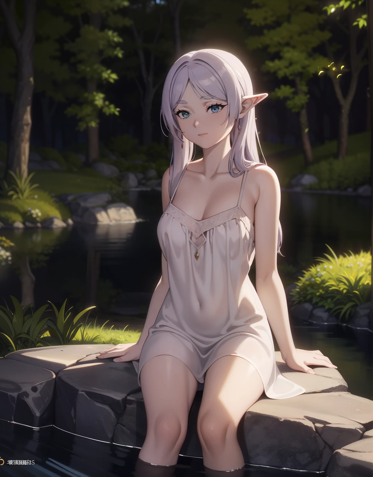 (masterpiece, best quality, high resolution: 1.4), Frieren (Sousou no Frieren), anime style, full body, seductively posed in an intimate and enchanting forest clearing bathed in soft moonlight. Her delicate, ethereal beauty is contrasted by her choice of attire: a sheer silk nightgown in shades of midnight blue and silver, which barely hides her slender, graceful figure. The dress fits her petite frame, subtly revealing her petite, perfectly proportioned curves and the delicate lines of her body. Her long white hair flows freely down her back, reflecting the moonlight and shining with an almost magical glow. Her piercing violet eyes gaze seductively at the viewer, her expression a mix of innocence and quiet confidence, with a soft, teasing smile gracing her lips. She is sitting on a moss-covered rock, her legs crossed elegantly, with one hand resting lightly on her knee and the other gliding through the cool waters of a gently gurgling stream nearby. The forest around you is filled with glowing fireflies, adding a touch of enchantment to the serene yet thought-provoking scene. The atmosphere is mystical and intimate, with a cool, dreamy palette of blues and silvers. Ultra-realistic textures, vibrant colors, cinematic lighting, intricate details, and a photorealistic anime aesthetic, rendered in 8k resolution. A perfect blend of otherworldly elegance and subtle seduction, captivating in every way.