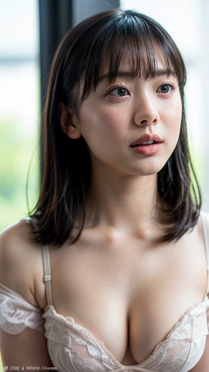 masterpiece, highest quality, Very detailed,One beautiful woman, Japanese、Age 25、short hair, slim,Large plump breasts, Down blouse, ((extended Down blouse)), ((White camisole)), ((White panties)), Split, Leaning forward, Bent over, Place your hands on your knees, Sweat, (Huge breasts), (Covered pink nipples)
