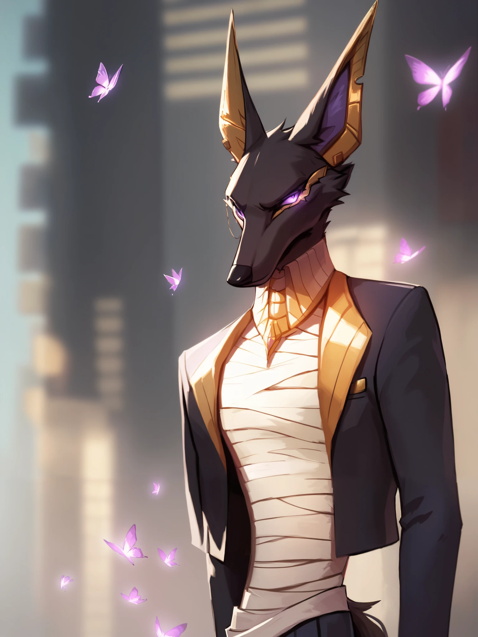 score_9, score_8_up, score_8, drewdislyte, jackal, male, tail, fluffy neck fur, black fur, gold ears, (monocle), digital painting, solo, flat color, soft lighting, rugged appearance, scruffy, 5finger, street background, looking at viewer, serious, slim, thin, notched ear, fang, looking at viewer, bandages, suit, butterflies, (depth of field),