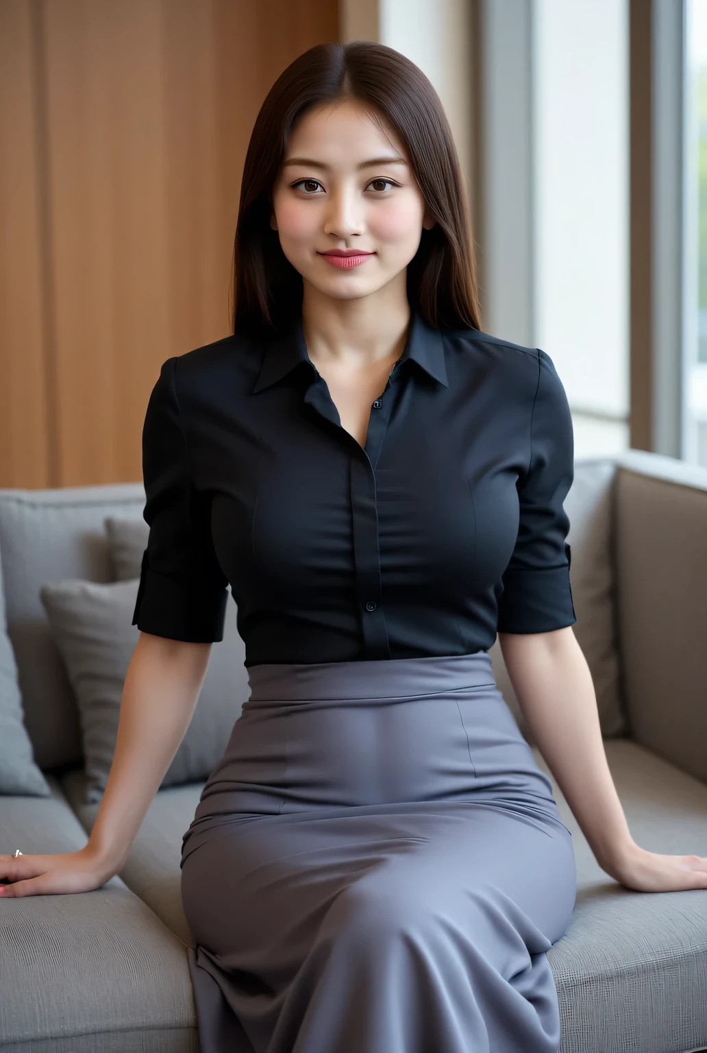 a female teacher , sitting leaning on the sofa , body and legs facing forward , both feet together , using a black satin material shirt, using maxi skirt in satin material long to toe gray color, big and round boobs , face looks happy