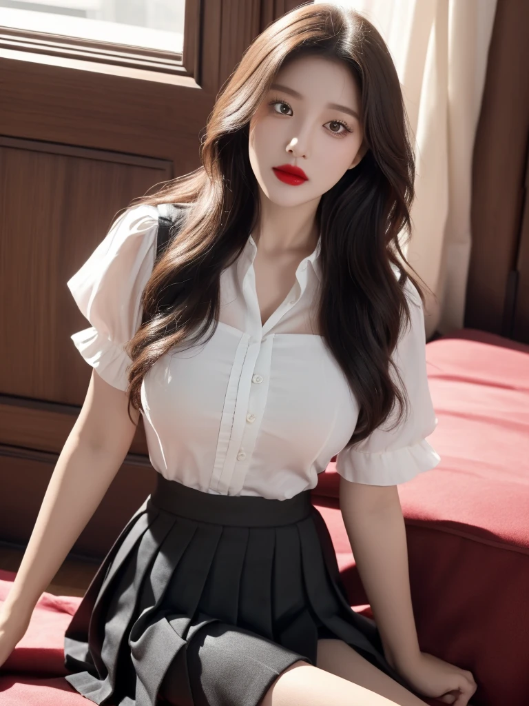 absurdres, RAW photo, extremely delicate and beautiful, masterpiece, Best Quality, ultra high resolution, 32k, hyperrealistic, ultra-detailed, delicate facial features, beautiful detailed woman, tearful mole, earring, medium breasts, (full body shot), medium hair, black hair, (school_uniform), blazer, skirt,