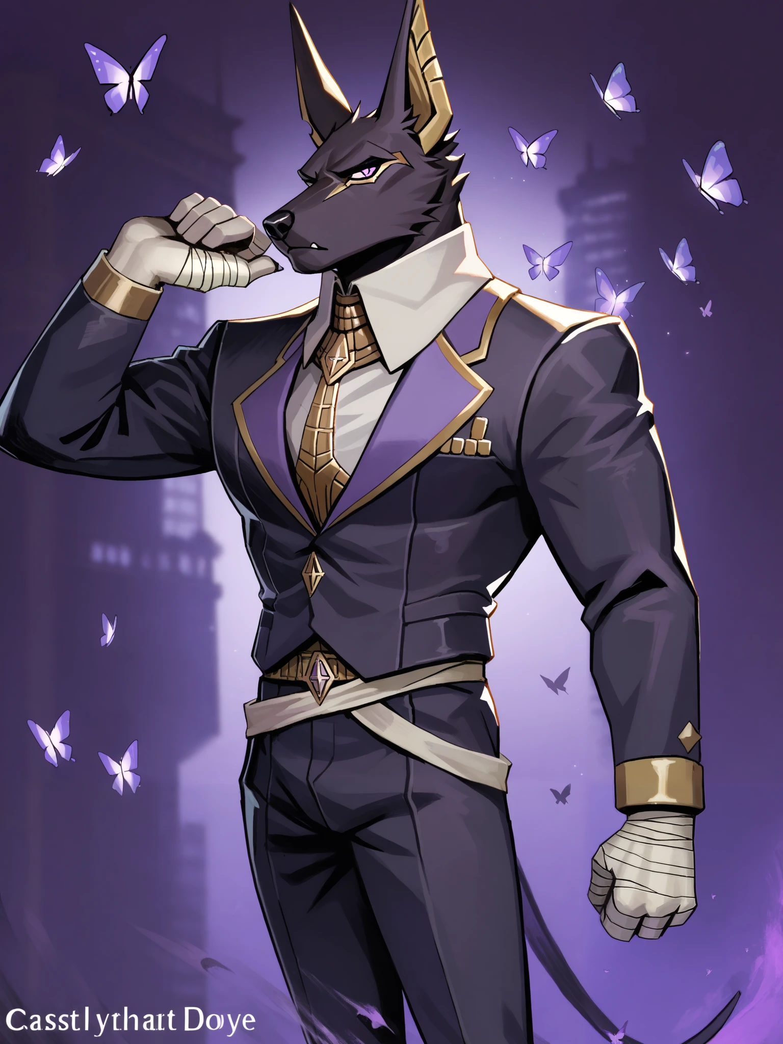 anime character with a bat in his hand and a purple background, joe biden as a jojo character, extended art, highly detailed exquisite fanart, trigger anime artstyle, joe biden as an anime villain, commission for high res, jojo anime style, hijikata toushirou, guy using the purple fancy suit, official art, sleek purple armor score_9, score_8_up, score_8, drewdislyte, jackal, male, tail, fluffy neck fur, black fur, gold ears, (monocle), digital painting, solo, flat color, soft lighting, rugged appearance, scruffy, 5finger, street background, looking at viewer, serious, slim, thin, notched ear, fang, looking at viewer, bandages, suit, butterflies, (depth of field),