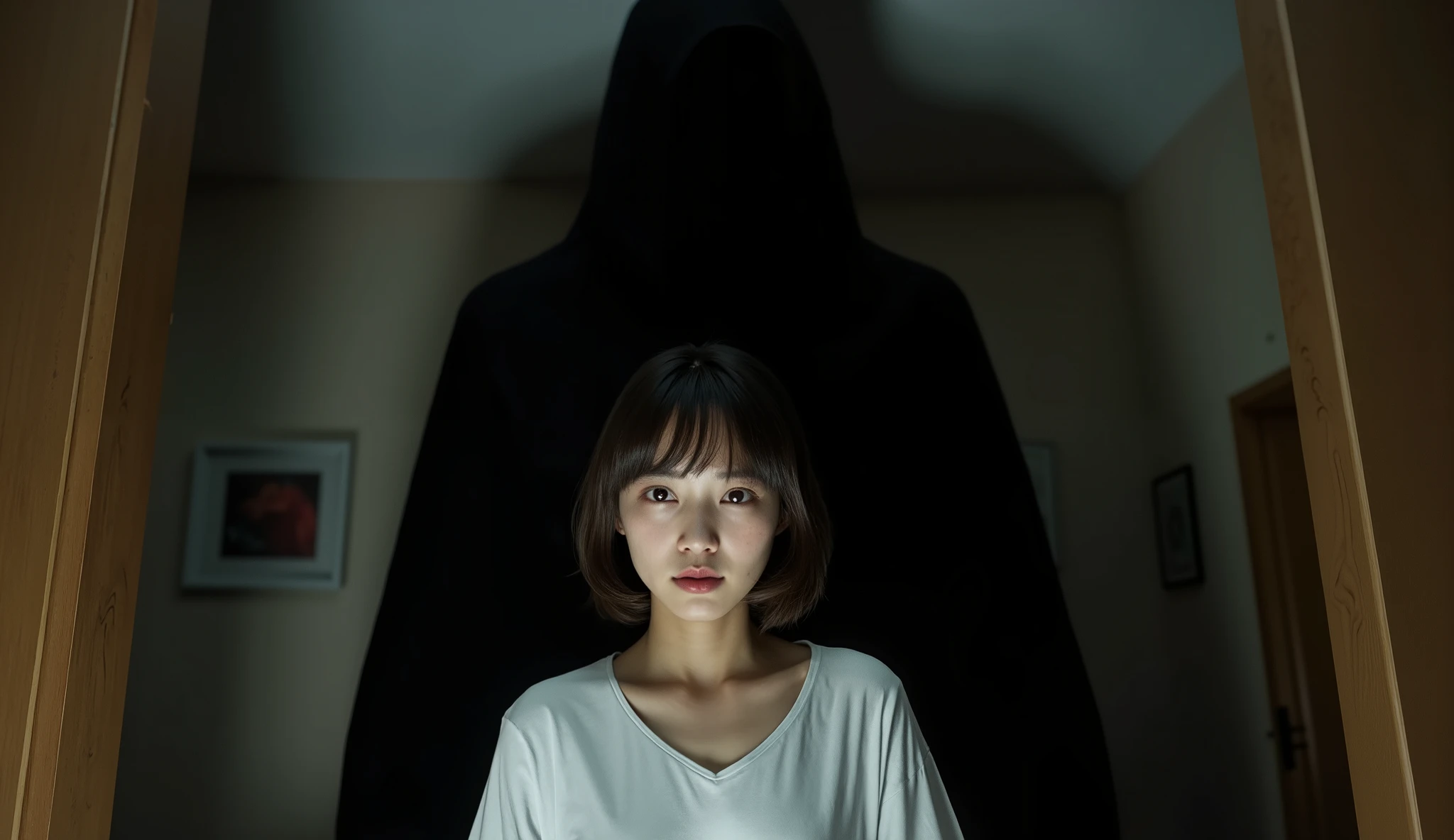 ultra-realistic , Photorealistic, dramatic scenes around, shadow, Global Illumination, 1 girl\( Beautiful Japanese girls in their late s, beautiful with a fearful face , whitetI'm wearing a shirt, short bob from a general trading company、short hair brown hair \), 1 人間のような巨大な黒いshadow\( 人間のような巨大な黒いshadow, \), 女の子の黒いshadowがいる, room、night、
