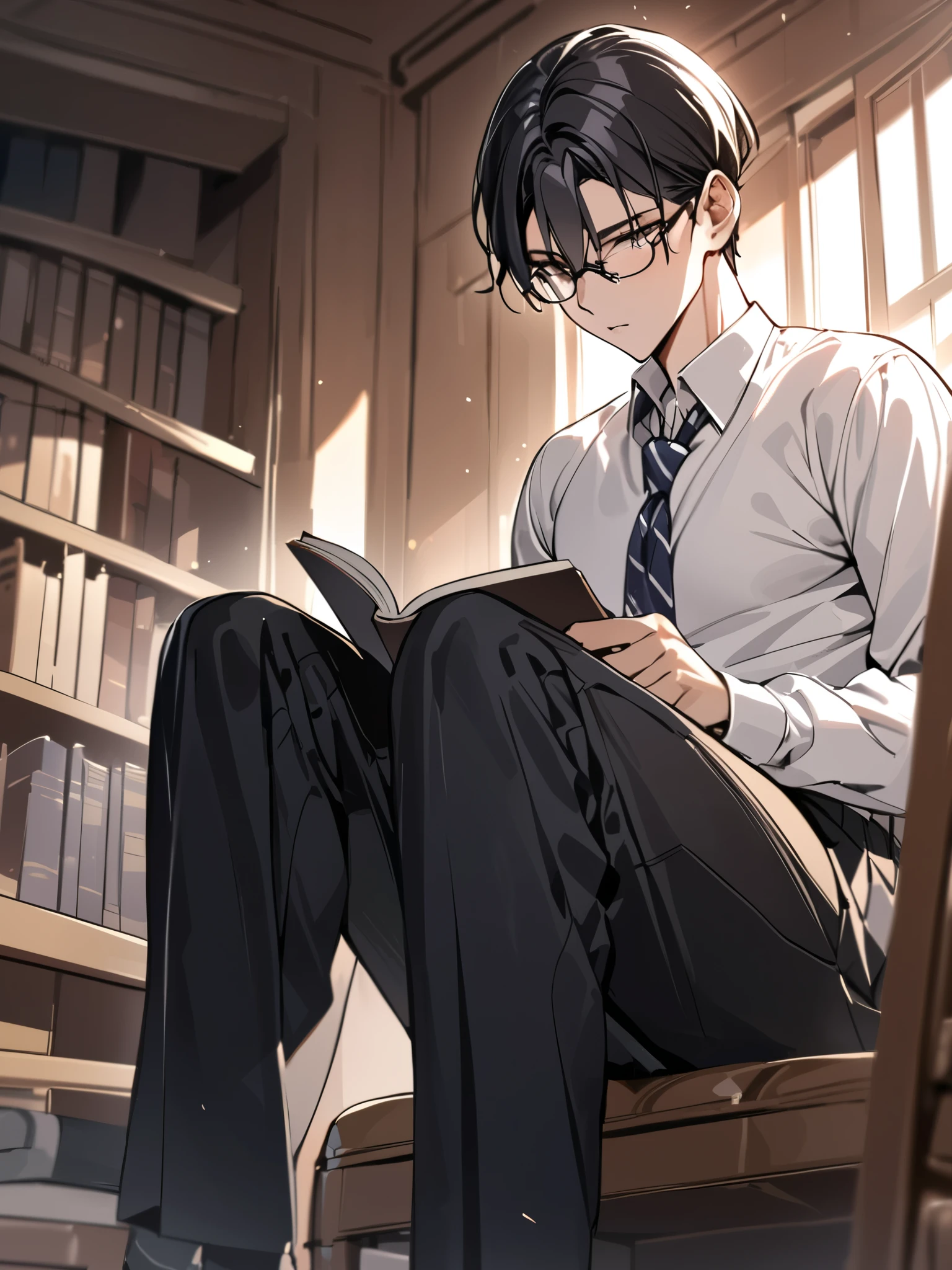 ((masterpiece, top quality)), Beautiful man(18old ), Cute appearance, , , dry body, Black short hair , clothes{(school uniform)}, Expressionless, glasses, reading a book , sitting in the library, feminine appearance