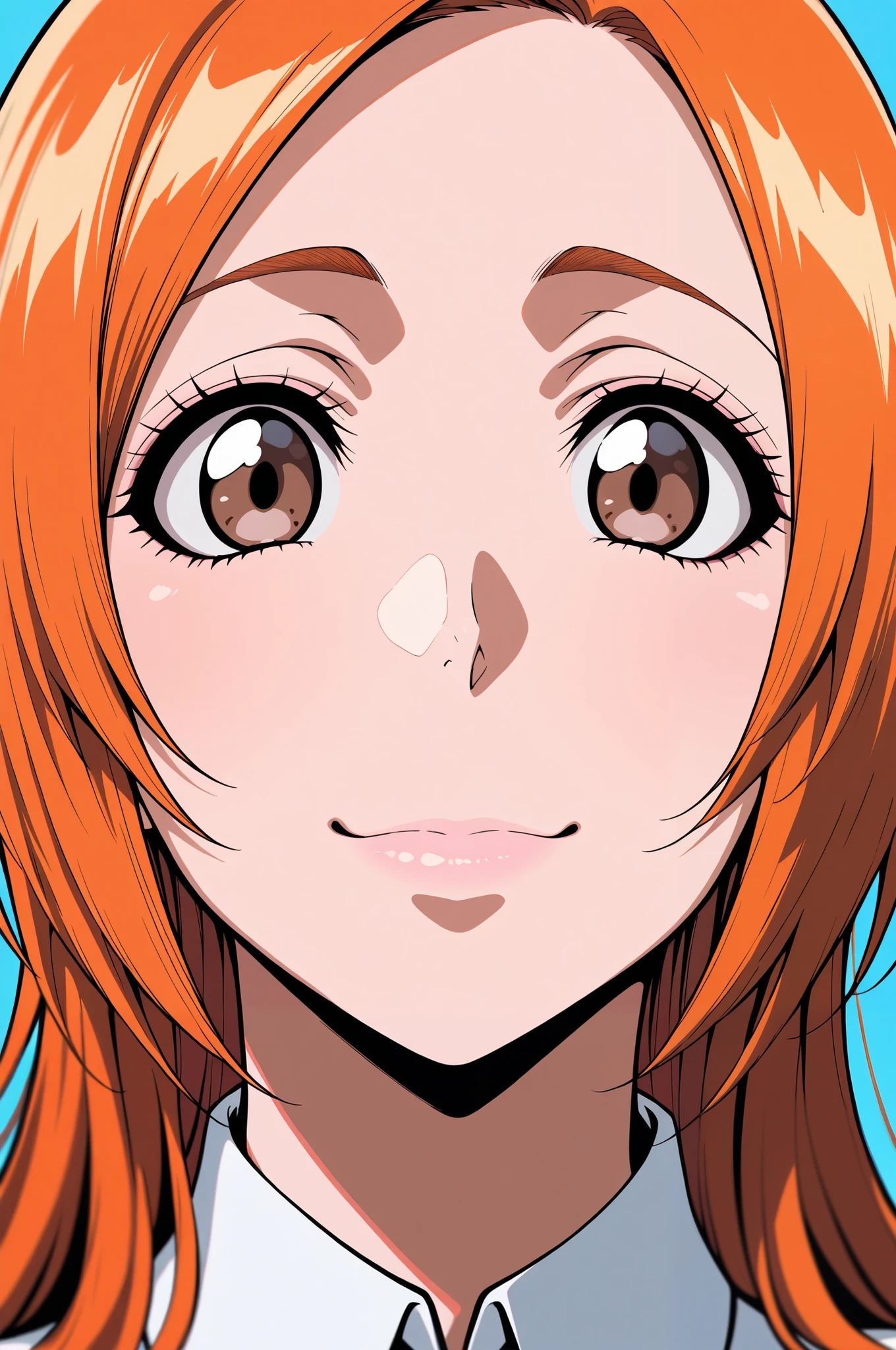 masterpiece, best quality, amazing quality, very aesthetic, absurdres, newest, scenery,highly detailed,high-resolution,close-up portrait,female,woman,inoue orihime,bleach,orange hair,long hair,brown eyes,fair skin,glossy texture,pink lips,white collared shirt,simple background,blue background,v sign,one hand,heart,focused subject,sharp focus,medium depth of field,slight smile,looking at viewer,from the side,clean lines,smooth lines,sharp,masterpiece, best quality, amazing quality, very aesthetic, absurdres, newest, scenery