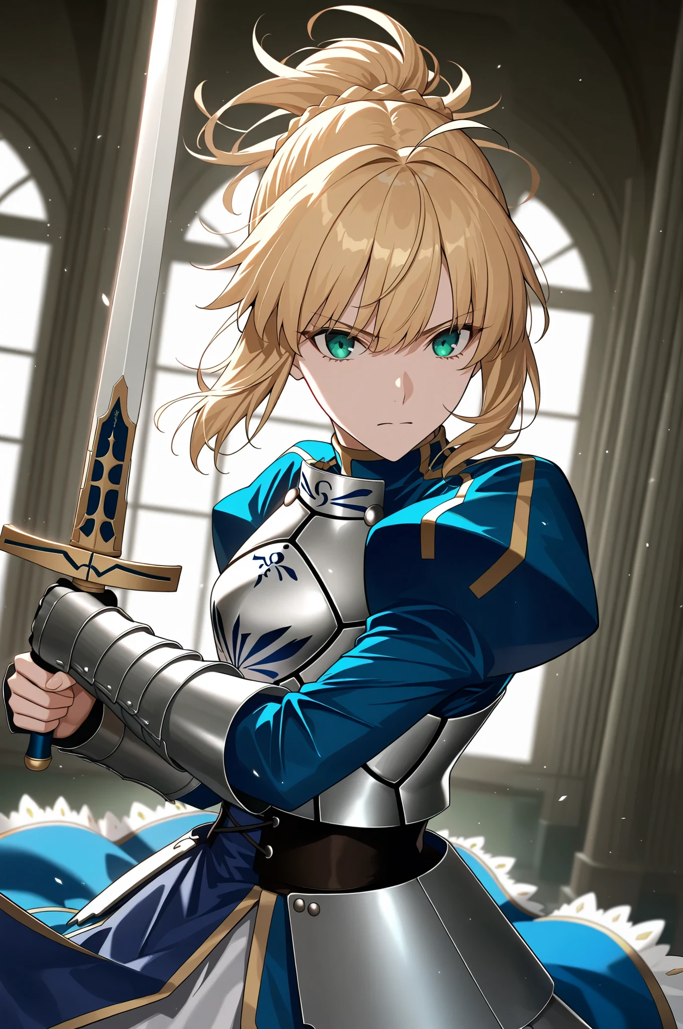masterpiece, best quality, 2.5D, realistic, ,weapon, holding sword, 1girl, saber, fate_(series), 1girl, blonde_hair, green_eyes, tied hair
