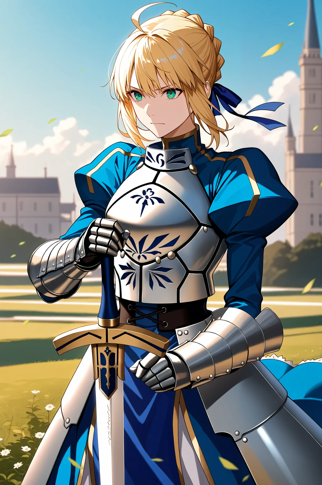 masterpiece, best quality, 2.5D, realistic, ,weapon, holding sword, 1girl, saber, fate_(series), 1girl, blonde_hair, green_eyes, tied hair
