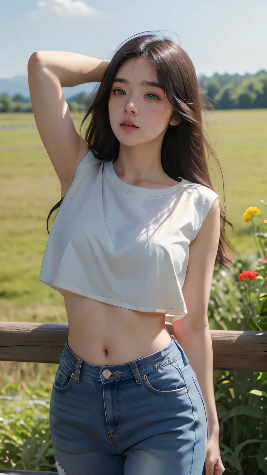 best best quality,master masterpiece,extra high resolution,(PhotoRealistic:1.4),RAW photo of,(Evening Street),1个女孩,dark eye,Fine eyes,double eyelidwork ,longlegs,long haired,Light makeup,Lips,Small ears,Light blue T-shirt,denim shorts pants,Beautiful Women with Perfect Figure:1.4, (out door,haibian:1.1),There are mountains and waters,There are trees,Medium view