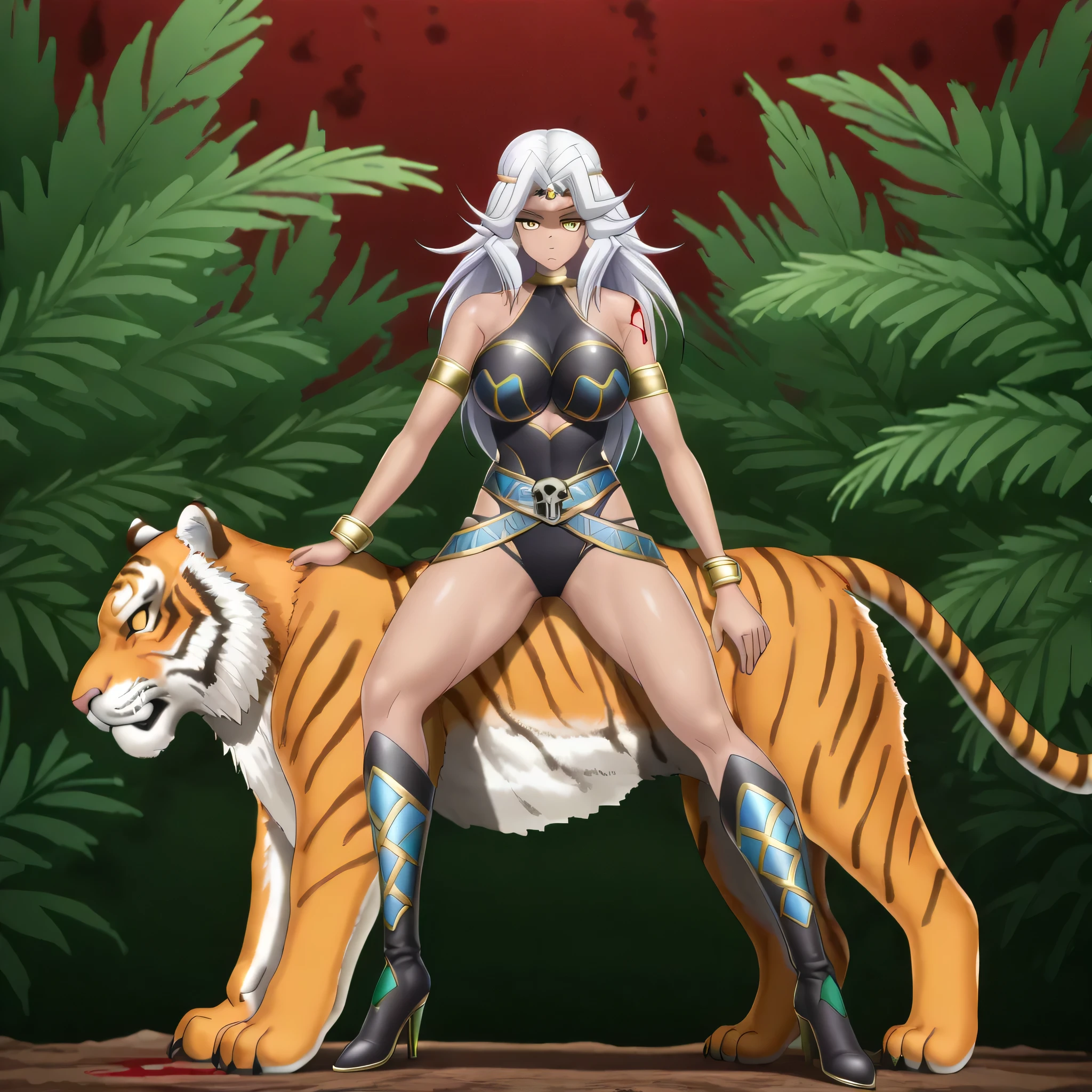 (((Masterpiece))), (((Best Quality))), ((Super Detail)), ultra-High resolution, score_9,score_8_up,score_7_up,score_6_up,score_5_up,score_4_up, BREAK, source_anime, anime screencap, uncensored, rating_explicit, Masterpiece, curvy, dark persona, empty eyes, expressionless, blank eyes, looking at viewer, full body, emotionless, Fighting Stance, (((shmnmzg3r, horizontal pupils, black leotard, clothing cutout, high heel boots, knee boots, circlet, armlet, bracelet, belt, halterneck))), (((solo, 1girl))), hair ornament, large breast, seductive pose, submissive pose, amazoness augusta, dark-skinned, animal skull ornament, facepaint, white hair, yellow eyes, long hair, red tattoo, (((jungle background, blood background, war, tiger, riding tiger)))