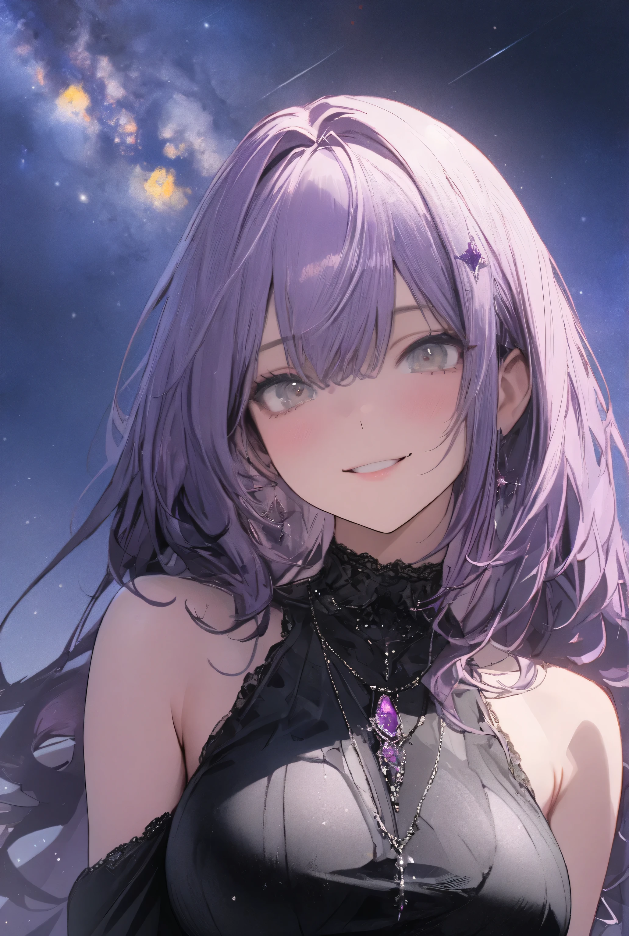 masterpiece,highquality,8k,ultladetail,
1lady,((purple long hair,gray eyes)),cool,solo,
big breast,dress,gorgeous,brilliant,
outdoor,starry night,look up,