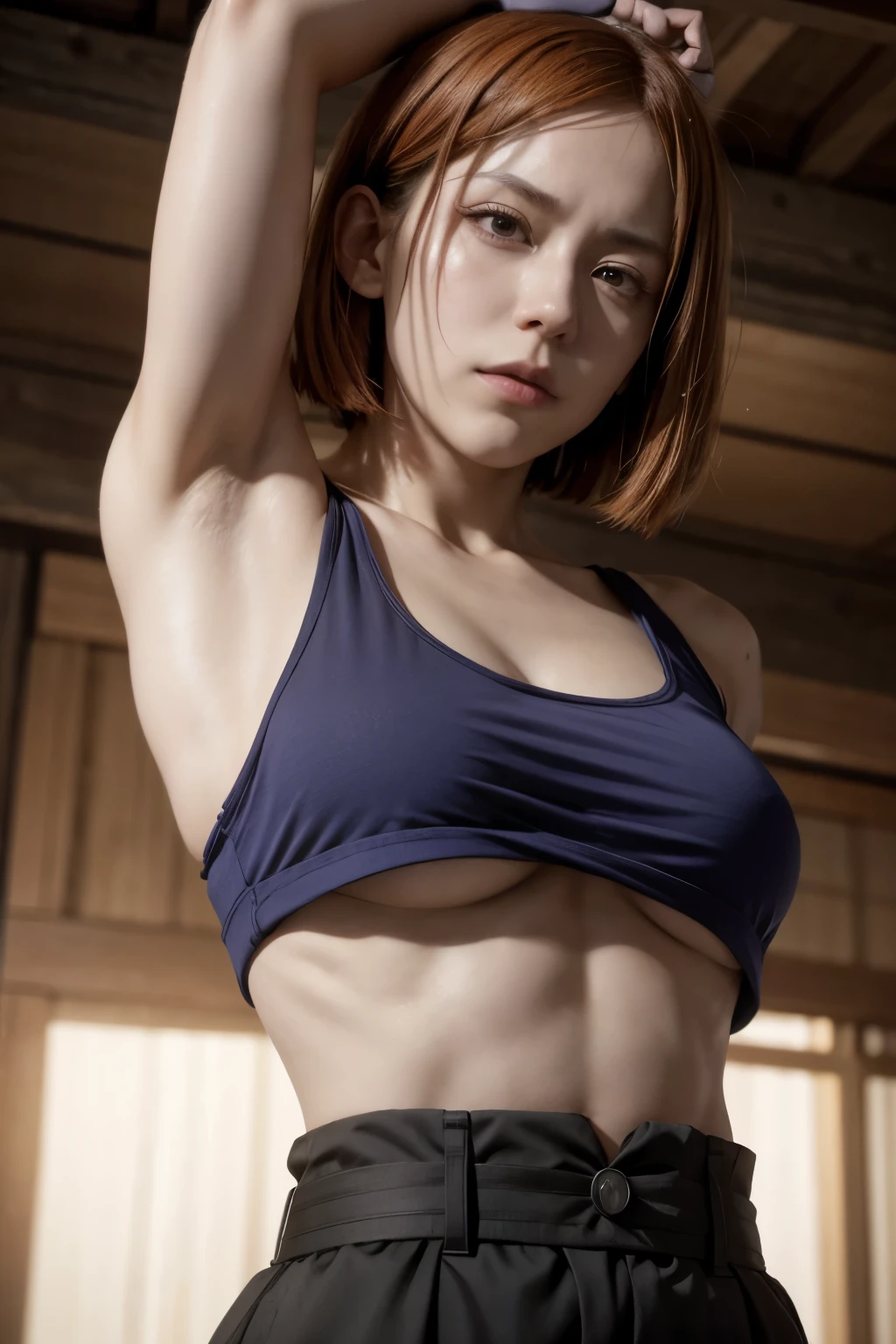 (closed eyes:1.2),Screaming,Distorting your face in pain,defeat,suffer,Closed eyes,Open  mouth wide,Flushing,Strong and Muscular Arms,Thick arms,muscular arms,More detailed 8K.Unreal Engine:1.4,Ultra-high resolution,La Highest quality:1.4, Realistic:1.4, Skin Texture:1.4, masterpiece:1.8,first work, Highest quality,Object Object], (Detailed facial features:1.3),(Fine hand:1.4)muscular,Professional wrestler,tiny breasts, short hair, skirt, Brown Hair, Knee socks, gloves, belly button, Brown eyes, boots, abdomen, belt, miniskirt, Crop top, Earrings, Race Queen, belly button Earrings, fingerless gloves, Clothing cutouts, choker