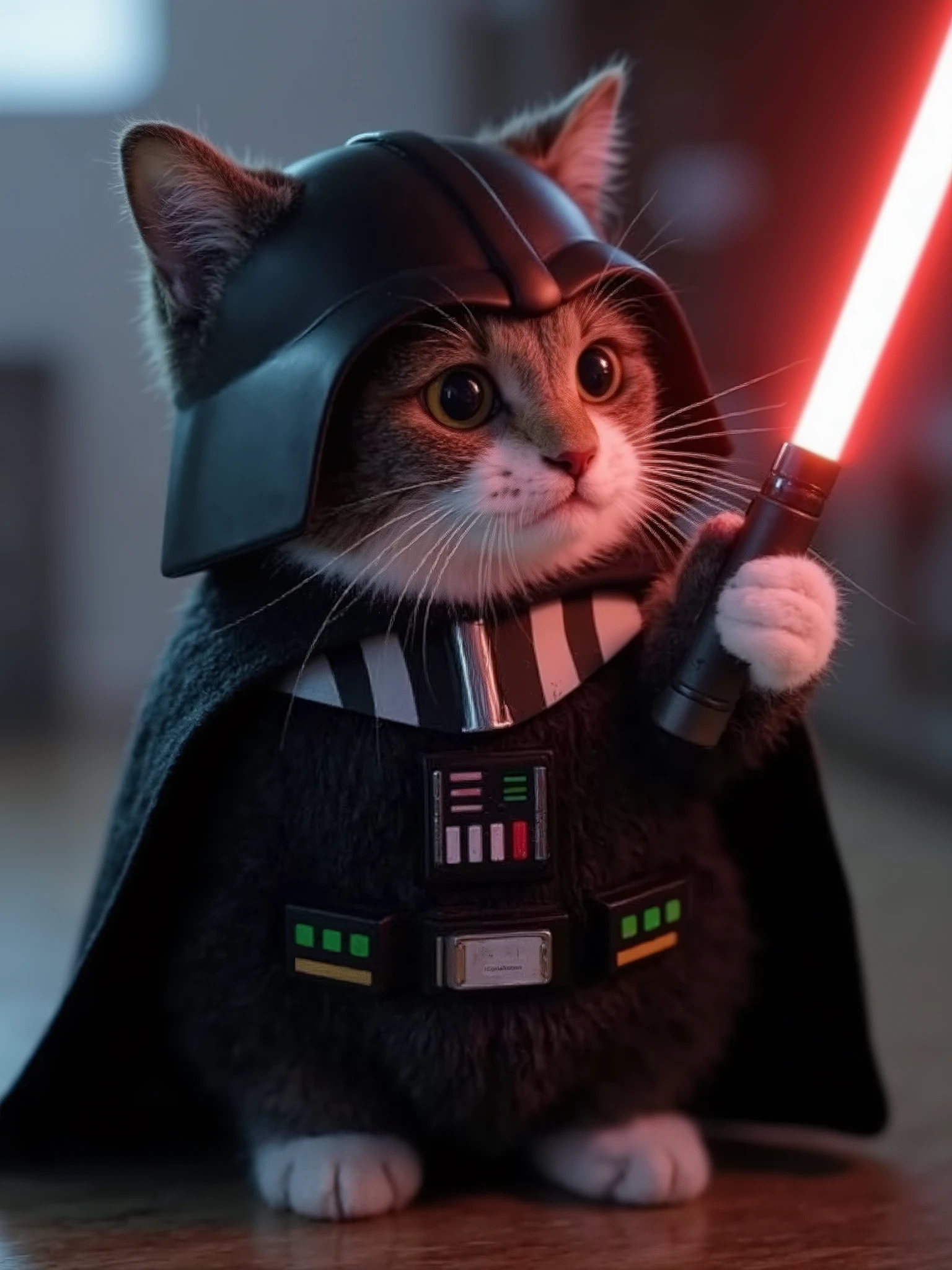 A picture of a cute cat, with white spots, full body of the cat, beautiful eyes, wearing a Darth Vader cat costume, Star Wars, open helmet, holding a lightsaber in his paw, you can see the face