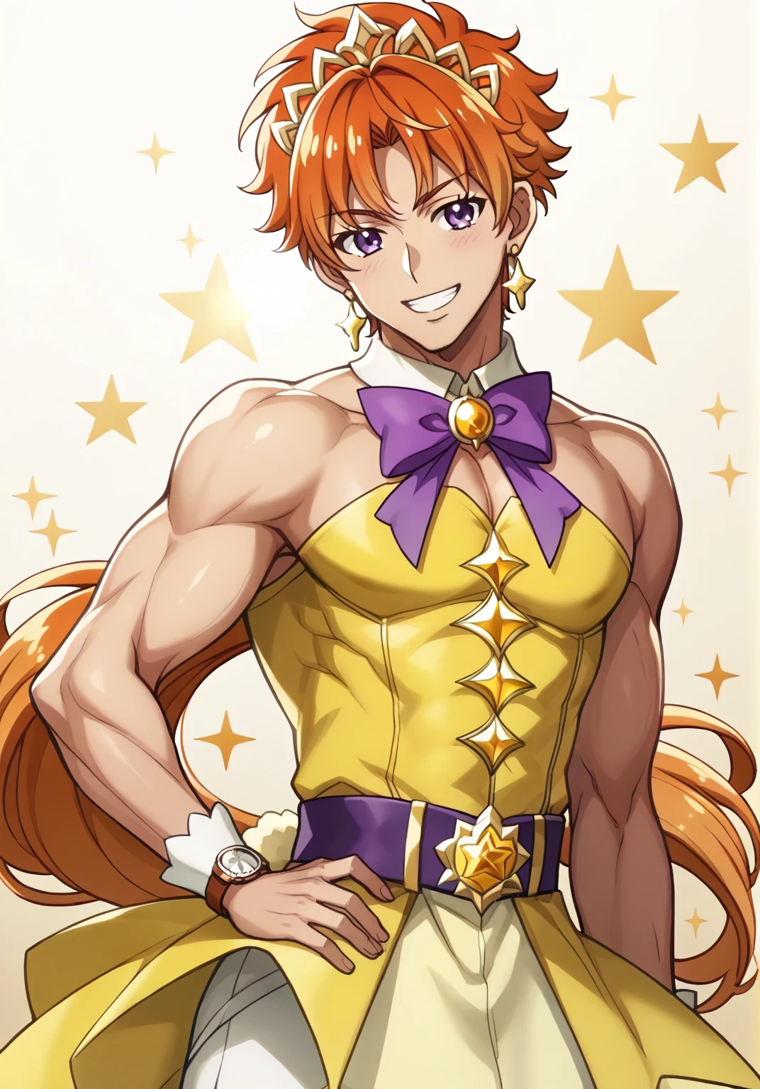 score 9 、score 8 up、score 7 up、source anime、masterpiece、最 High Quality 、 high resolution、 watch viewers、 is written in depth、 standing、 cowboy shot、1boy 、Alone、 detailed background 、(male:1.7)、male focus、(male body:1.7)、cure twinkle、 orange hair、 very long hair that gives off a bow、Yellow Dress、 strapless dress、purple petticoat 、purple neck bow、white thigh boots、earrings、biceps、triceps、deltoids、white hair ribbon、tiara、smile、((gradient background))、lens flare、1boy 、Alone、 look at the viewers、beefcake style、smile、Alone、beefcake pose、 contrapost、smile、 look at the viewers、(cowboy shot:1.5)、 closed、 High Quality 、 look at the viewers、shy、smile、最 High Quality 、anime coloring、