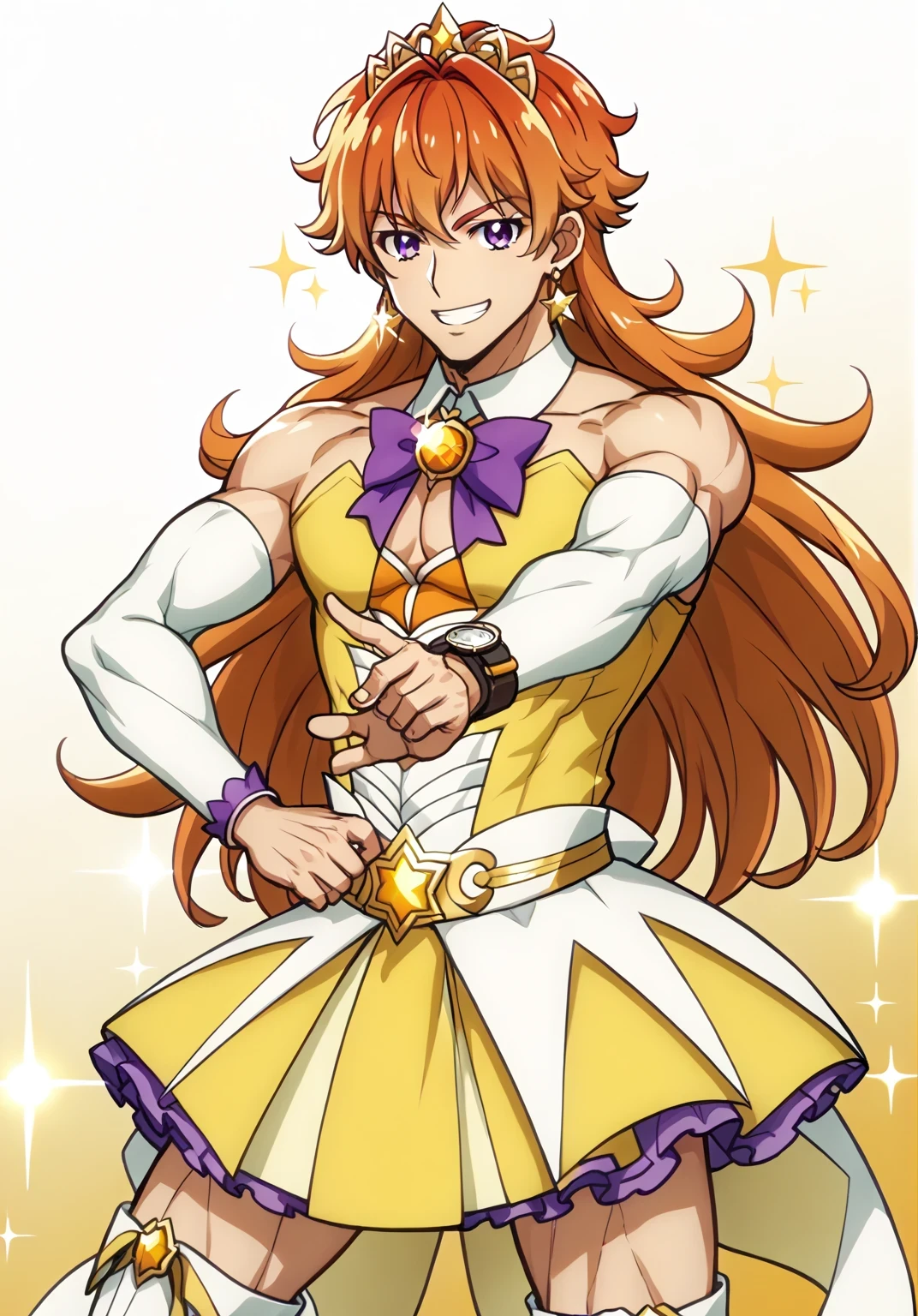 score 9 、score 8 up、score 7 up、source anime、masterpiece、最 High Quality 、 high resolution、 watch viewers、 is written in depth、 standing、 cowboy shot、1boy 、Alone、 detailed background 、(male:1.7)、male focus、(male body:1.7)、cure twinkle、 orange hair、 very long hair that gives off a bow、Yellow Dress、 strapless dress、purple petticoat 、purple neck bow、white thigh boots、earrings、biceps、triceps、deltoids、white hair ribbon、tiara、smile、((gradient background))、lens flare、1boy 、Alone、 look at the viewers、beefcake style、smile、Alone、beefcake pose、 contrapost、smile、 look at the viewers、(cowboy shot:1.5)、 closed、 High Quality 、 look at the viewers、shy、smile、最 High Quality 、anime coloring、