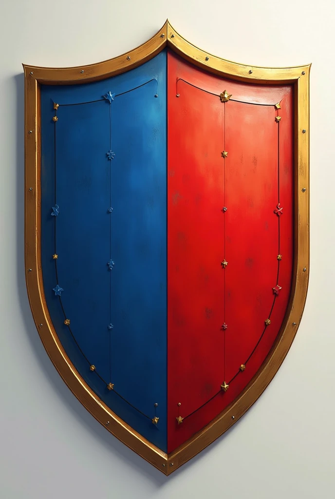 Shield with yellow outline and split the middle with red and royal blue