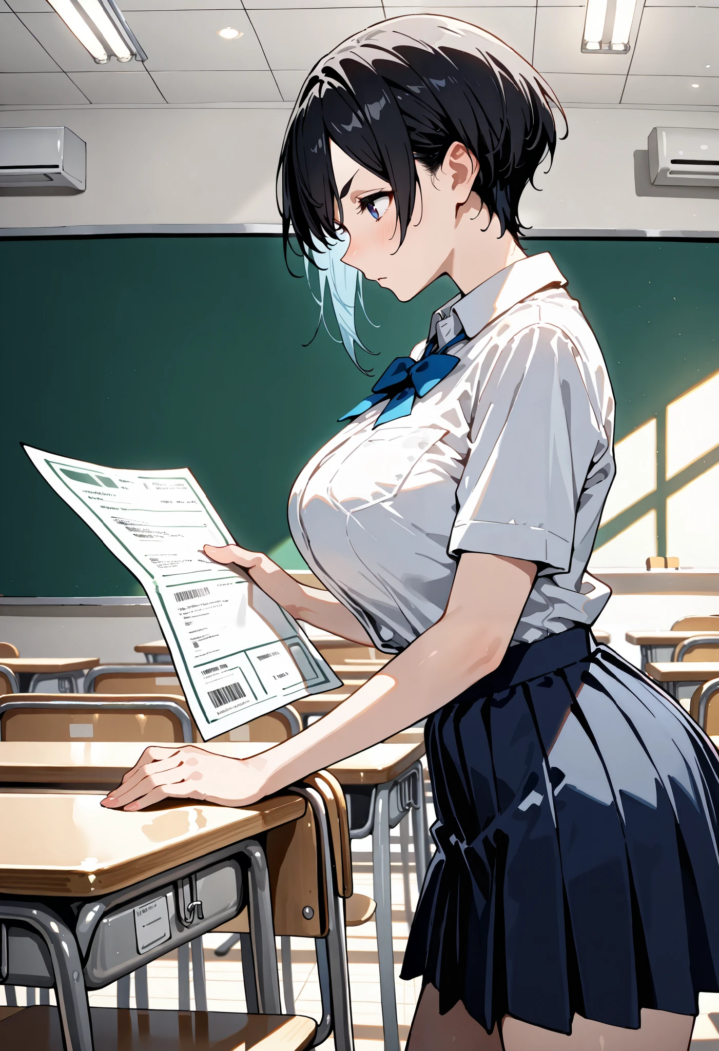 cute boyish girl ,very short hair, defined eyebrows, black hair, Aquiline nose, Techno Cut, big breasts:1.3,(((short stature))), looking at another, Distributing papers, navy skirt, White shirt , light blue ribbon ,class room, Profile, masterpiece, best quality, amazing quality, very aesthetic, newest, super detailed, ultra-detailed, extremely detailed