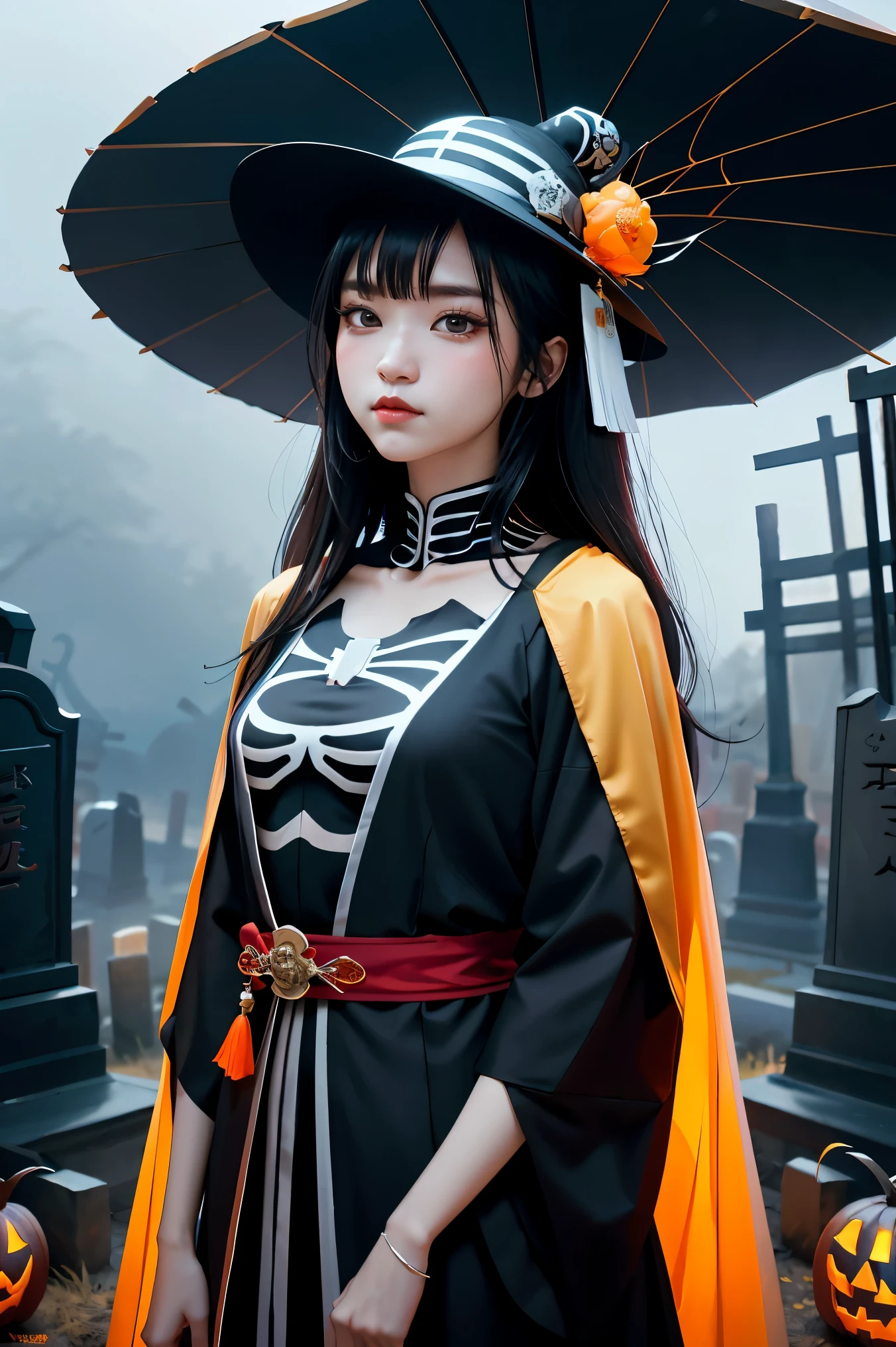 arafed woman in a skeleton costume with a hat on her head, hone onna skeleton geisha, skeleton girl, xue han, goddess of death, goddess of death in a graveyard, inspired by Xie Huan, eerie art style, saint skeleton queen, lulu chen, halloween art style, jingna zhang, wenfei ye, 2 d cg