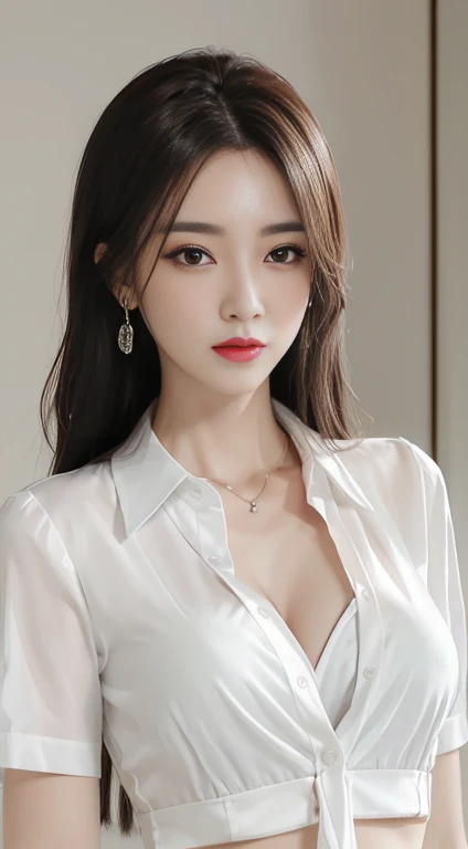 top-quality、masterpiece、(Photorealsitic:1.4)、1girl in、Super Detailed Face、detailedeyes、Light smile、shirt with collar、from waist up、Dramatic Lighting、frombelow、Night view of Dubai from balcony in background、marina、