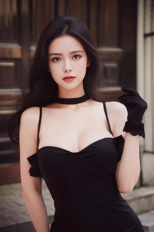 beautiful girl ,Russian Female Model, dynamic poses, smile, (Vintage Long Cocktail Dress), Long wave hair,black eyes,abdominal muscles, plumpy body, rounded breast, (medium breast:1.3), cleavage, Morning sunshine,Eyes on the audience,  (dynamic poses), ((face details)),Double eyelids, reeds, realistic, masterpiece, highest quality, lens flare, vintage, vintage style, Retro, Retro style, shade, bloom, [[chromatic aberration]], by Jeremy Lipking, by Antonio J. Manzanedo, digital painting, HDR, high contrast, Retro Film Camera