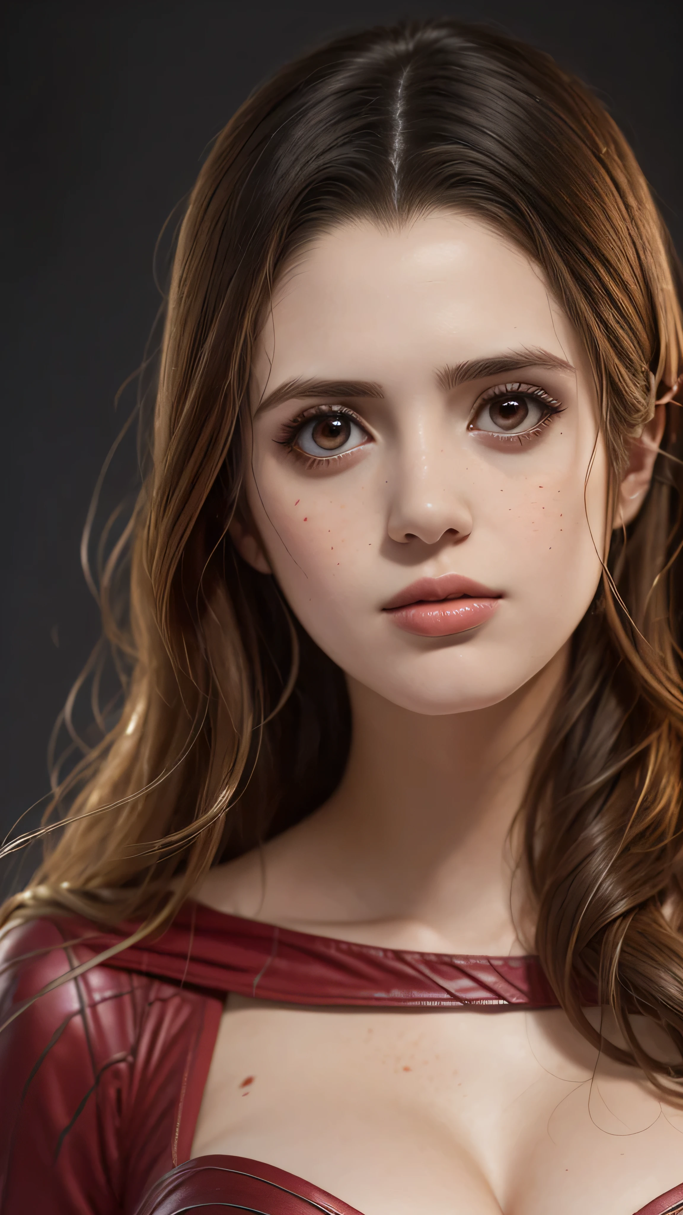 Scarlet witch played by Laura Marano, huge breast, downblouse, sexy thick woman, freckles, beautiful face, beutiful eyes, Scarlet witch costume, magical powers, dark background, close up shot, epic realism, extremely detailed, extremely realistic, artistic, painting, 4k texture