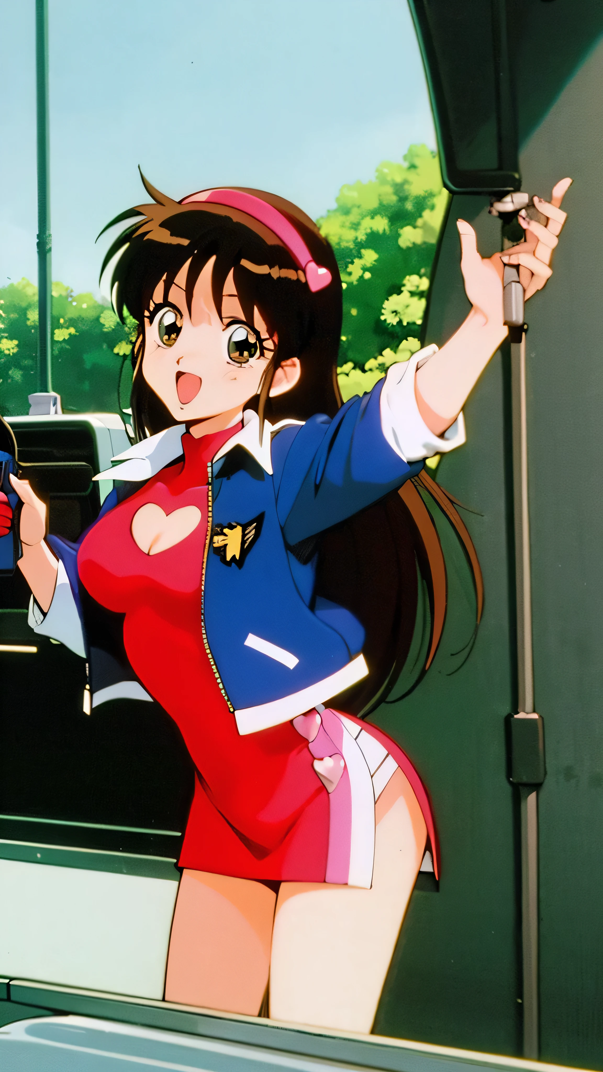 asusugodr, 1girl, solo, heart, hair ornament, green eyes, Stretch your sideburns to your chest、 mini jacket,red dress, retro artstyle, open mouth, 1990s (style), looking at viewer, smile, outdoors, sky, cowboy shot, cleavage cutout, race queen,official style, adult,sink, kitchen, bringing upper body to the sink, open, leaning forward, emphasizing the buttock, It's wet,My upper body is wet,round butt