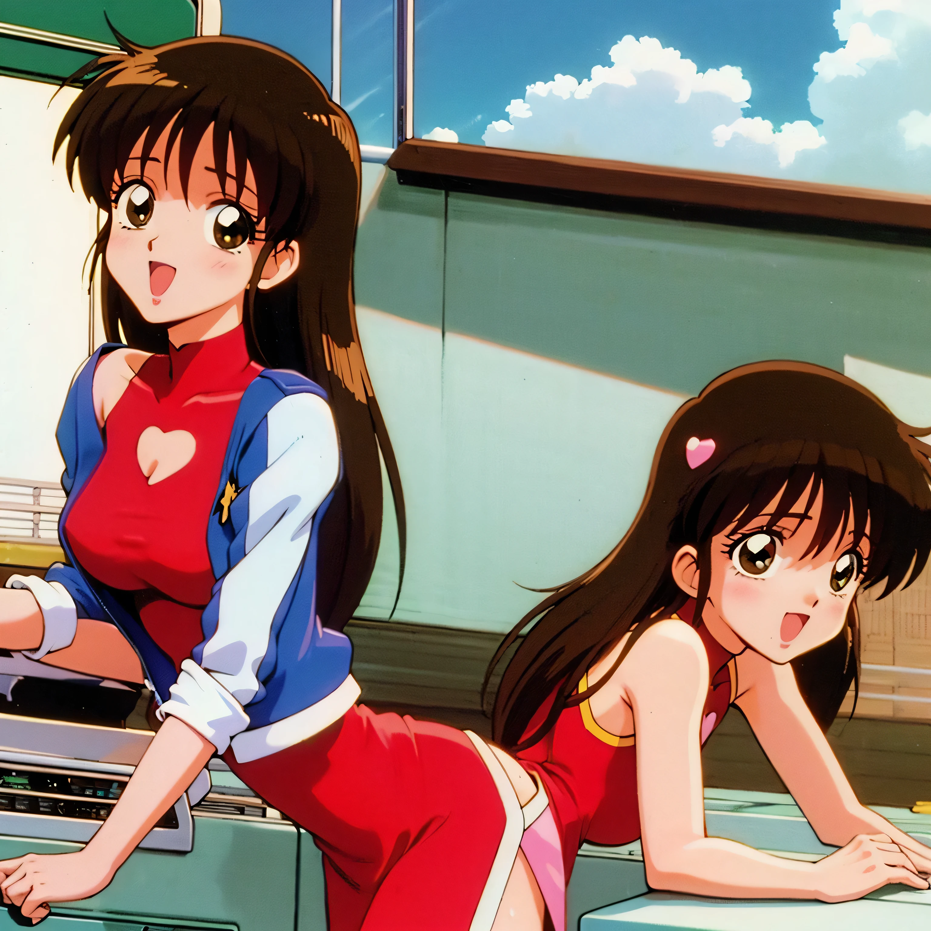 asusugodr, 1girl, solo, heart, hair ornament, green eyes, Stretch your sideburns to your chest、 mini jacket,red dress, retro artstyle, open mouth, 1990s (style), looking at viewer, smile, outdoors, sky, cowboy shot, cleavage cutout, race queen,official style, adult,sink, kitchen, bringing upper body to the sink, open, leaning forward, emphasizing the buttock, It's wet,My upper body is wet,round butt