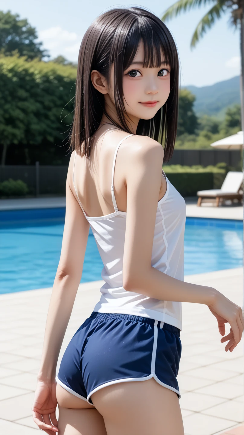 (Highest image quality, Highest image quality, Super A High Definition), (Raw photo, Realism 1.4), (flat chest), Fine skin, Fine face, Cute, AKB Girl, Girl in her 20s, Small breasts, Perfect Skin, thighs thighs thighs thighs, Medium Hair, Perfect, Brown hair, Brown eyes, Whole body, Sit on the steps of the footbridge、Triangular sitting、Physical education sitting、I can see the panties.、((Tank Tops)), ((Ultra Mini Pleated Skirt))、pantie shot、Bright sunlight, Smile