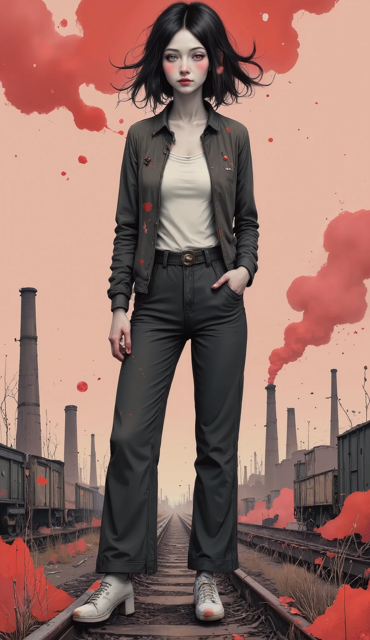 The woman stands confidently on the roof of a wagon Of ruined train ,  its silhouette outlined by the thick smoke that rises from industrial chimneys in the distance .  His hair is swept back in a wild ,  roll ,  with locks caught in the wind .  He's wearing a frayed bomber jacket about a cropped tank , with loose ,  high-waisted pants that inflate around their legs as the wind intensifies. Instead of an unfinished bag ,  he holds a heavy chain loose in his hand ,  the metal tinkles softly as it sways beside him .  The scene is drenched in the deep reds and oranges of a smog-filled sunset ,  the horizon shining like an impending storm .  The chaos of the industrial environment amplifies his unwavering spirit ,  as if he were reclaiming her place in a world on the brink of collapse .