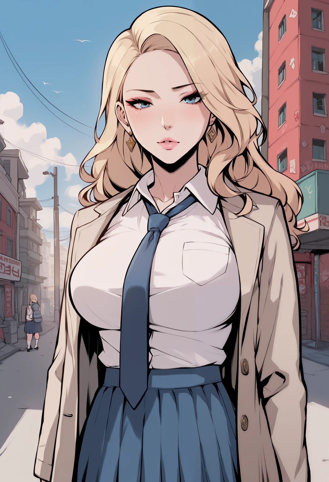 score_9, score_8_up, score_7_up, score_6_up, score_5_up, score_4_up, BREAK 1girl, intricate, cute pout in love, school uniform, long-sleeved coat, white blouse underneath, tie, blue pleated skirt. backpack on the back, seductive neckline, Yakuza outfit , (eyeliner:1.2), looking at viewer, blonde hair, sky blue eyes, long hair, pink lips , pale skin, jewelry, detailed background, big breasts (masterpiece, high quality:1), bedroom, voluptuous body, mature woman
