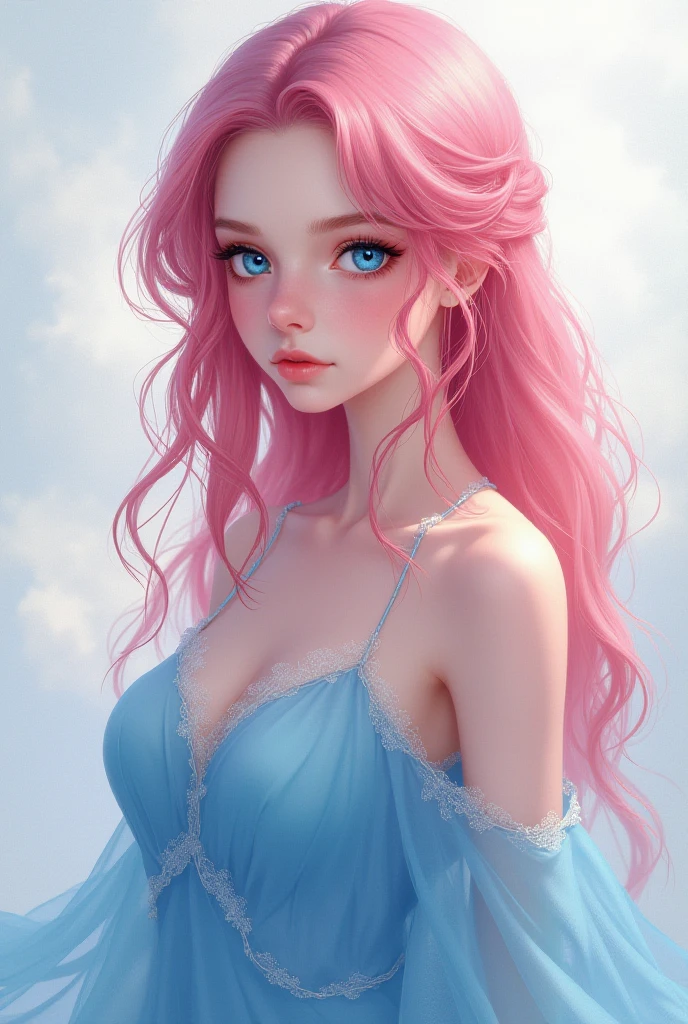 A stunning digital painting，A young girl with wavy pink hair and a ponytail is depicted, Has sparkling pink eyes, Set against a surreal and fantastic backdrop，Soft pastel colors and dreamy atmosphere, Half-length photo，Blue Eyes - AR 9:16 --majic --auto