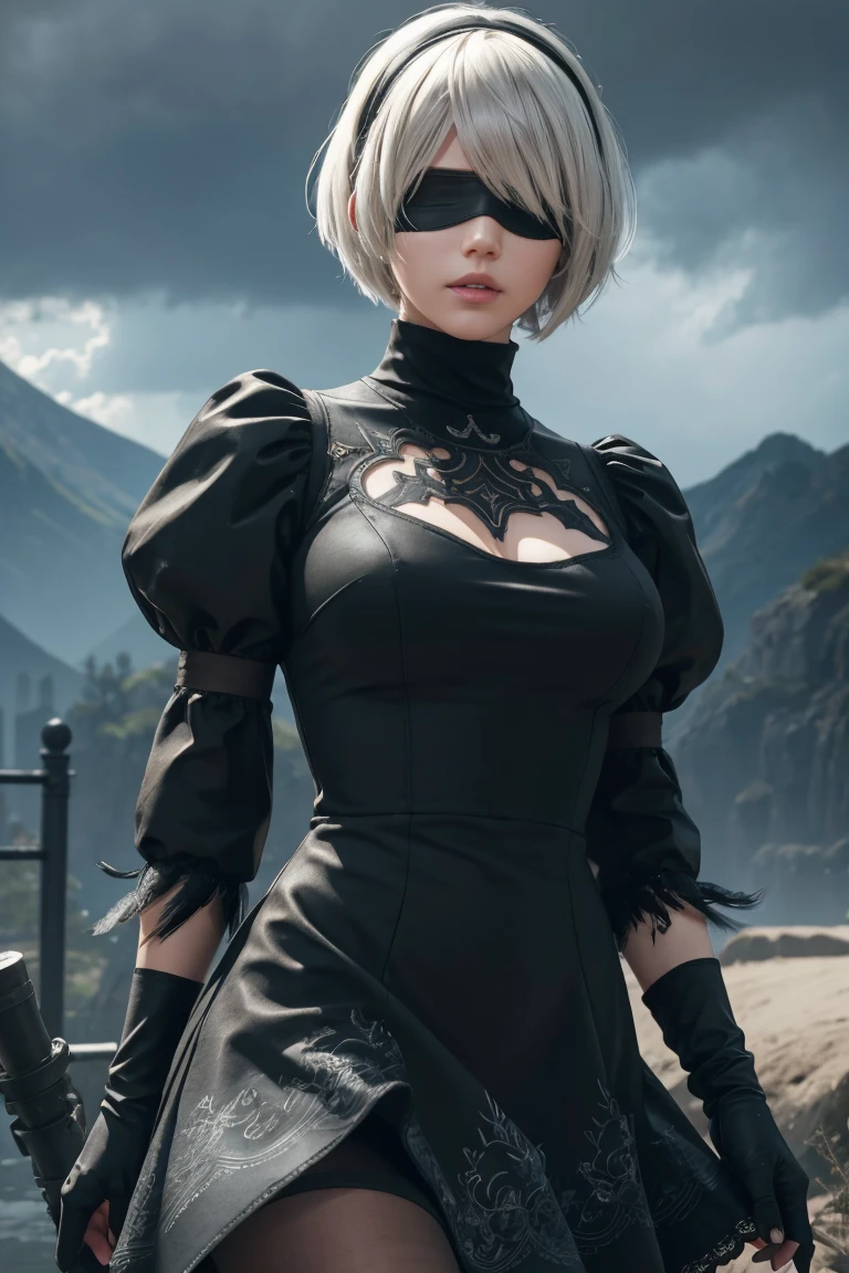 2B Nier Automata,Bobcut, Gray Hair,Long sleeve, Juliet Sleeve, White gloves, turtleneck, bangs, Feather ornament, Feather ornament sleeves, Blindfold, Black Goth Dress,Japanese Ultra HD,super high quality,masterpiece,Digital SLR,Photorealistic,Detailed details,Vivid details,Depicted in detail,A detailed face,Detailed details,Super Detail,Realistic skin texture,Anatomical basis,Perfect Anatomy,Anatomically correct hand,Anatomically correct fingers,Complex 3D rendering,Sexy pose,Rainy Sky,Beautiful scenery,Fantastic rainy sky,Fantasy worldview,Beautiful night sky,moonlight,Beautiful night skyの月,Picturesque,Pink Lips,Black butterfly々Fluttering,A ruined world,A devastated battlefield,ruins,