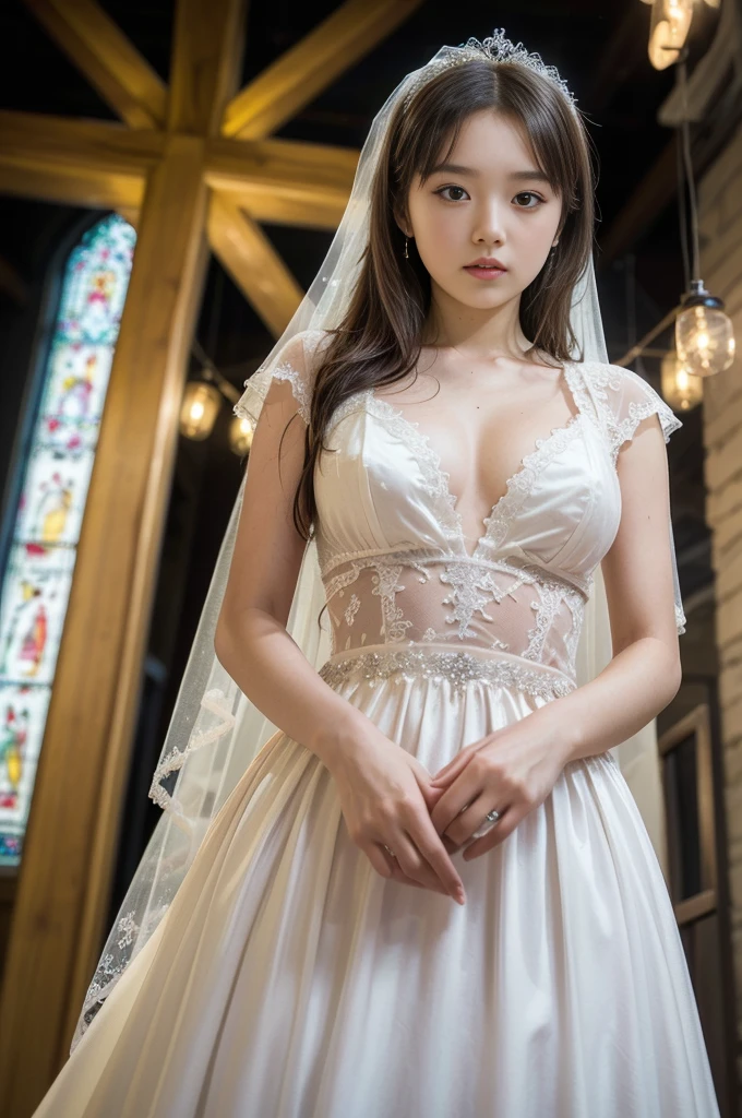 (Top Quality, 8k, 32k, Masterpiece, UHD: 1.2), Dainty Japan Woman Pictures, 1 Young Girl, (Dark Brown Hair), Double Eyelids, (Big: 1.2), Sexy, (((Revealing Wedding Dress, Wedding Veil)), (Deep Slit: 1.2), (Smile: 1.1), Overhead Shot, Off Shoulder, (((In the Church))