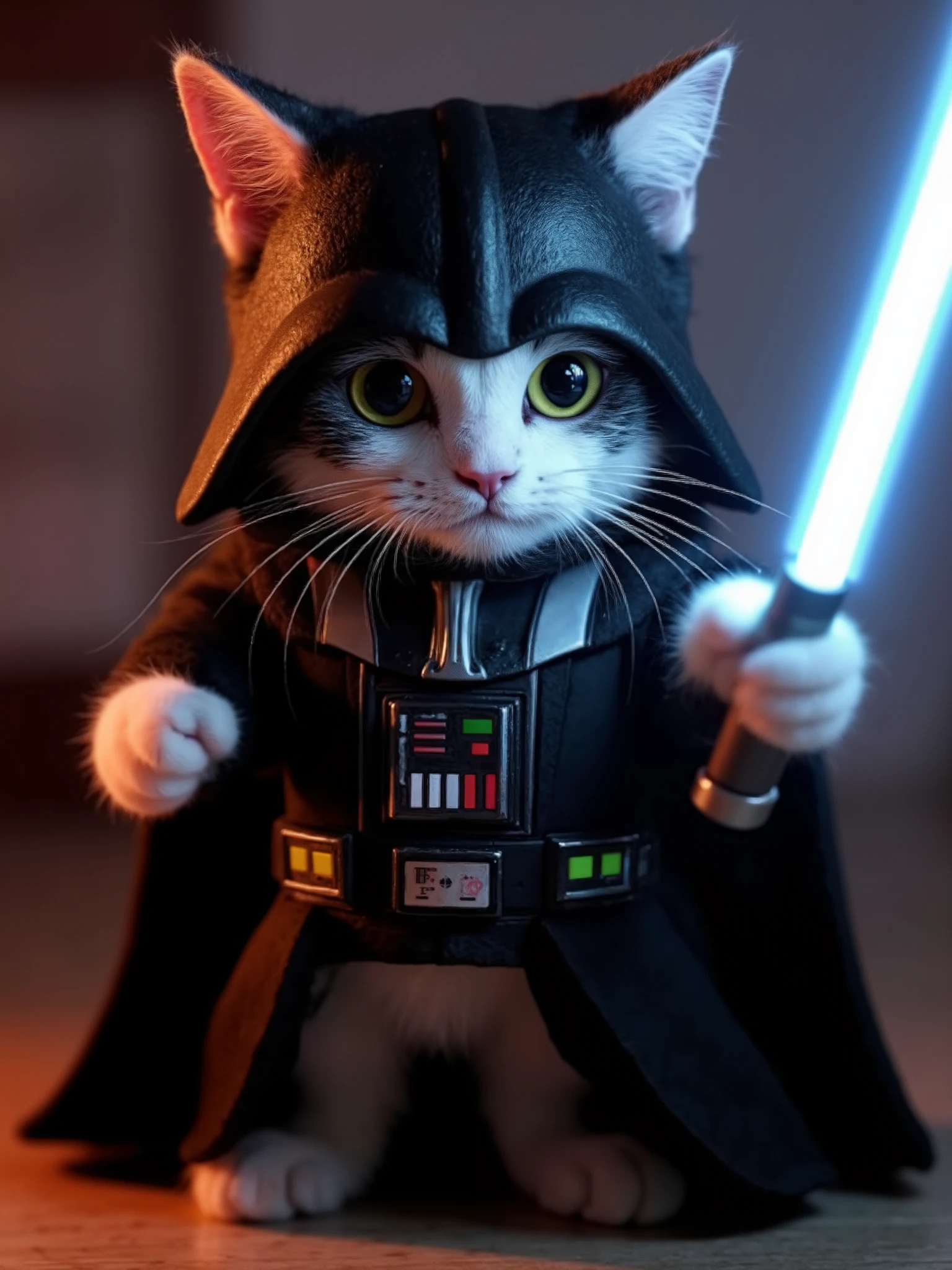 A picture of a cute cat, with white spots, full body of the cat, beautiful eyes, wearing a Darth Vader cat costume, Star Wars, open helmet, holding a lightsaber in his paw, you can see the face