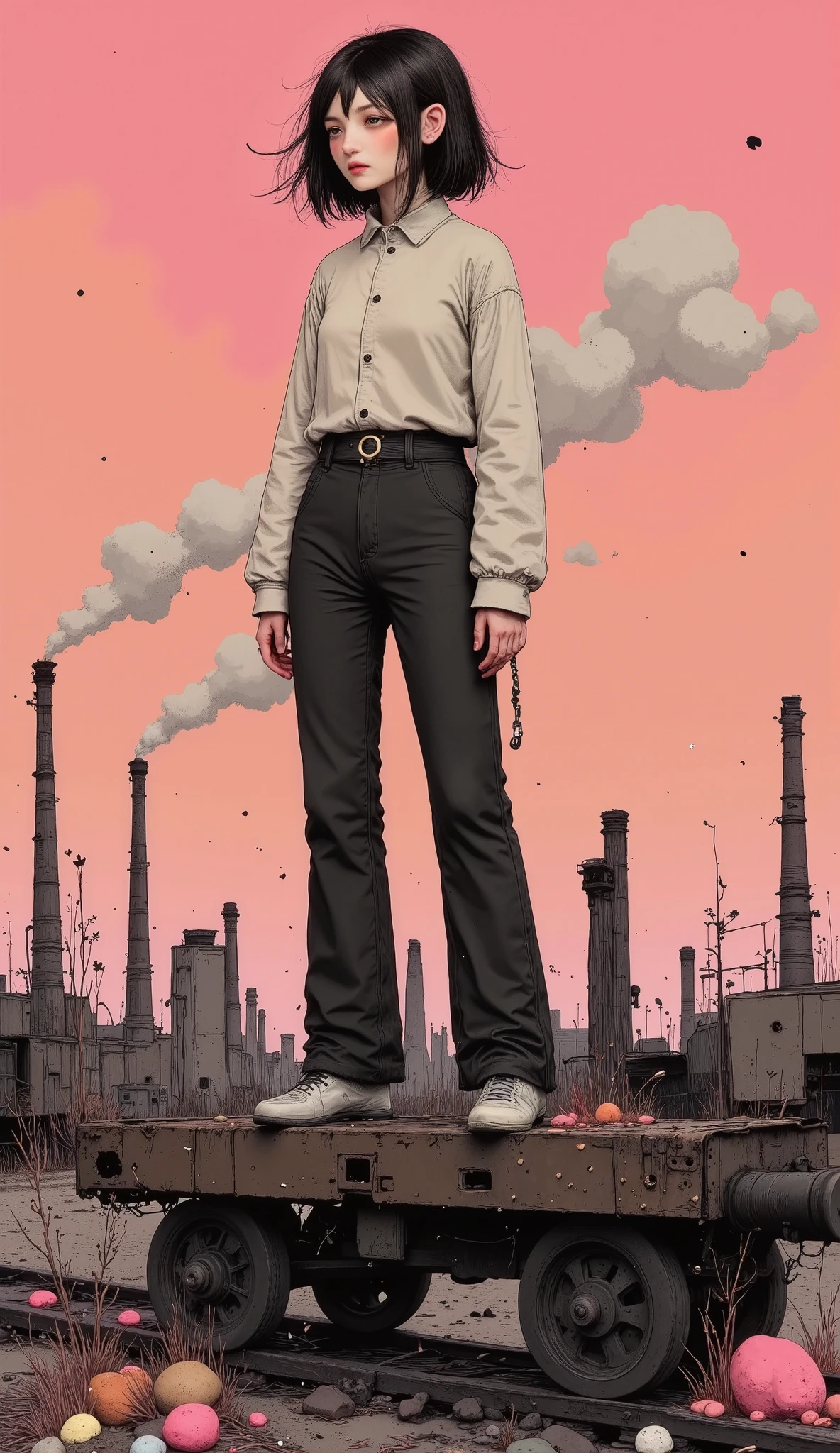 The woman stands confidently on the roof of a wagon Of ruined train , its silhouette outlined by the thick smoke that rises from industrial chimneys in the distance . His hair is swept back in a wild , roll , with locks caught in the wind . He's wearing a frayed bomber jacket about a cropped tank , with loose , high-waisted pants that inflate around their legs as the wind intensifies. Instead of an unfinished bag , he holds a heavy chain loose in his hand , the metal tinkles softly as it sways beside him . The scene is drenched in the deep reds and oranges of a smog-filled sunset , the horizon shining like an impending storm . The chaos of the industrial environment amplifies his unwavering spirit , as if he were reclaiming her place in a world on the brink of collapse .