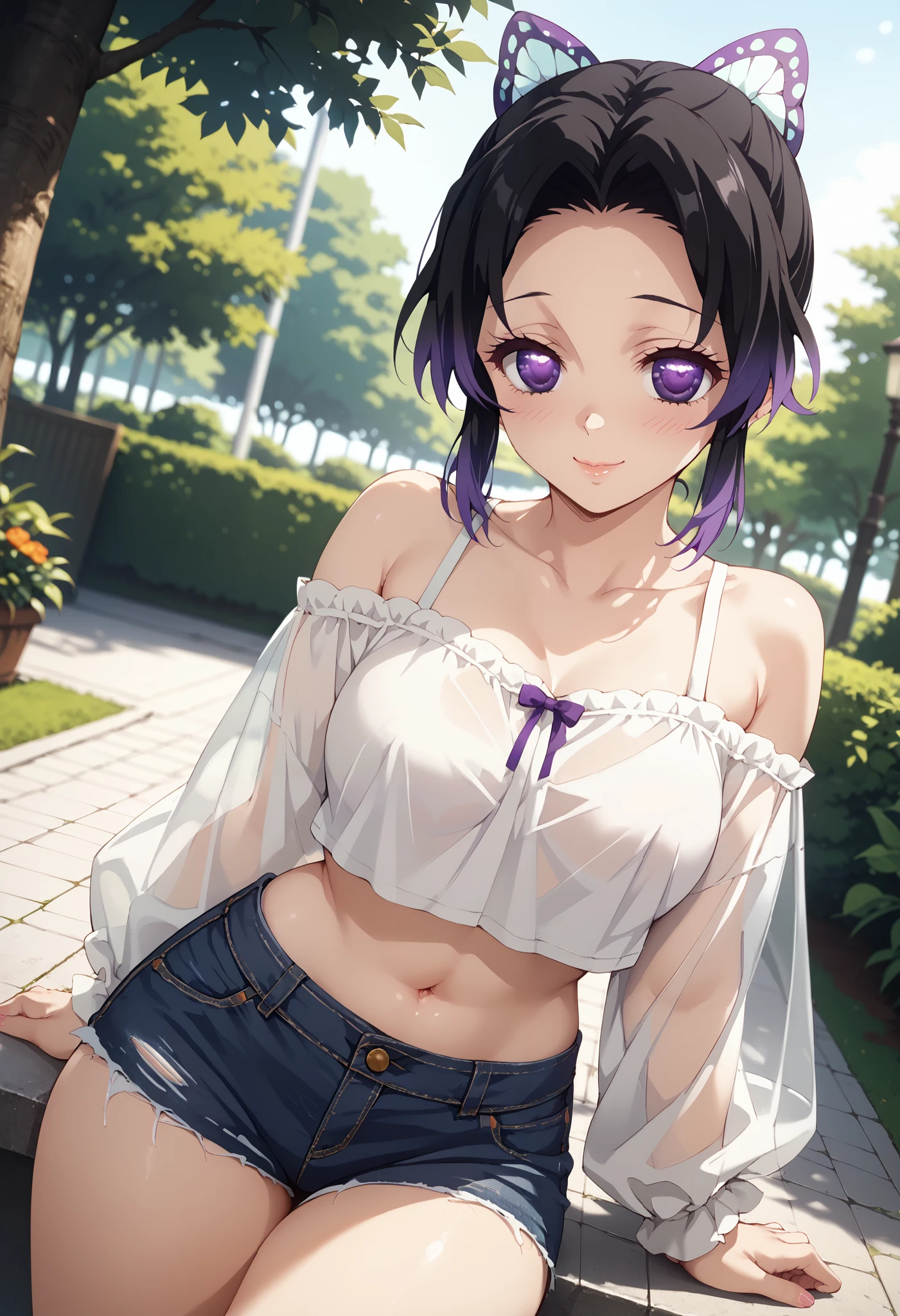 1girl, shinobu kochou, solo, dutch angle, black hair, butterfly ribbon, gradient purple eyes, (beautiful detailed eyes: 1.4), white top, bare shoulder, denim shorts, thicc thighs, shy smile, blush, seductive pose, outdoors, park, beautiful sunset, wallpaper, masterpiece, high quality, highly detailed