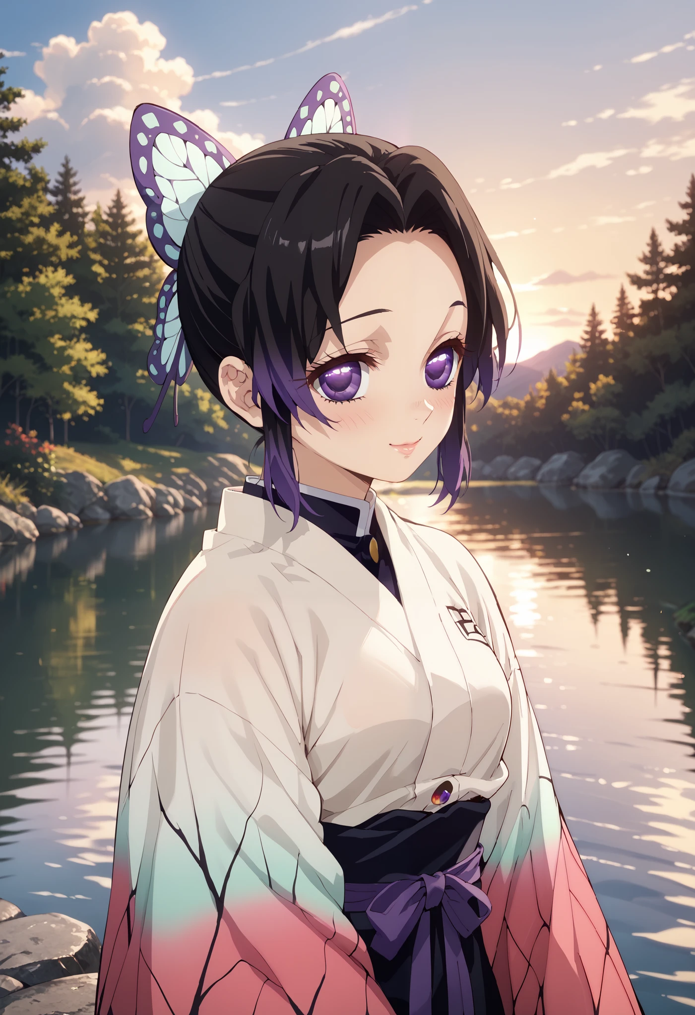 1girl, shinobu kochou, solo, dutch angle, black hair, butterfly ribbon, gradient purple eyes, (beautiful detailed eyes: 1.4), beautiful kimono, shy smile, blush, cheerful pose, outdoors, beautiful lake, beautiful sunset, wallpaper, masterpiece, high quality, highly detailed
